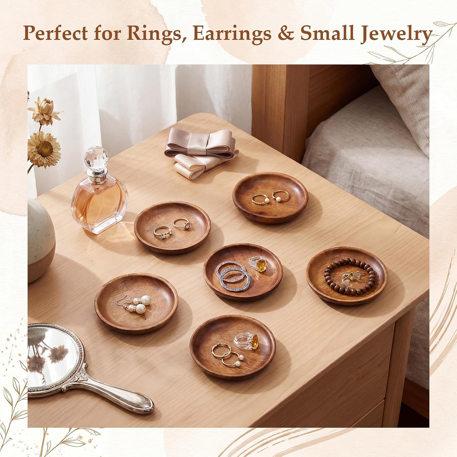 Shappy 12 Pack Small Wooden Jewelry Tray Bulk Tray Dish for Craft Round