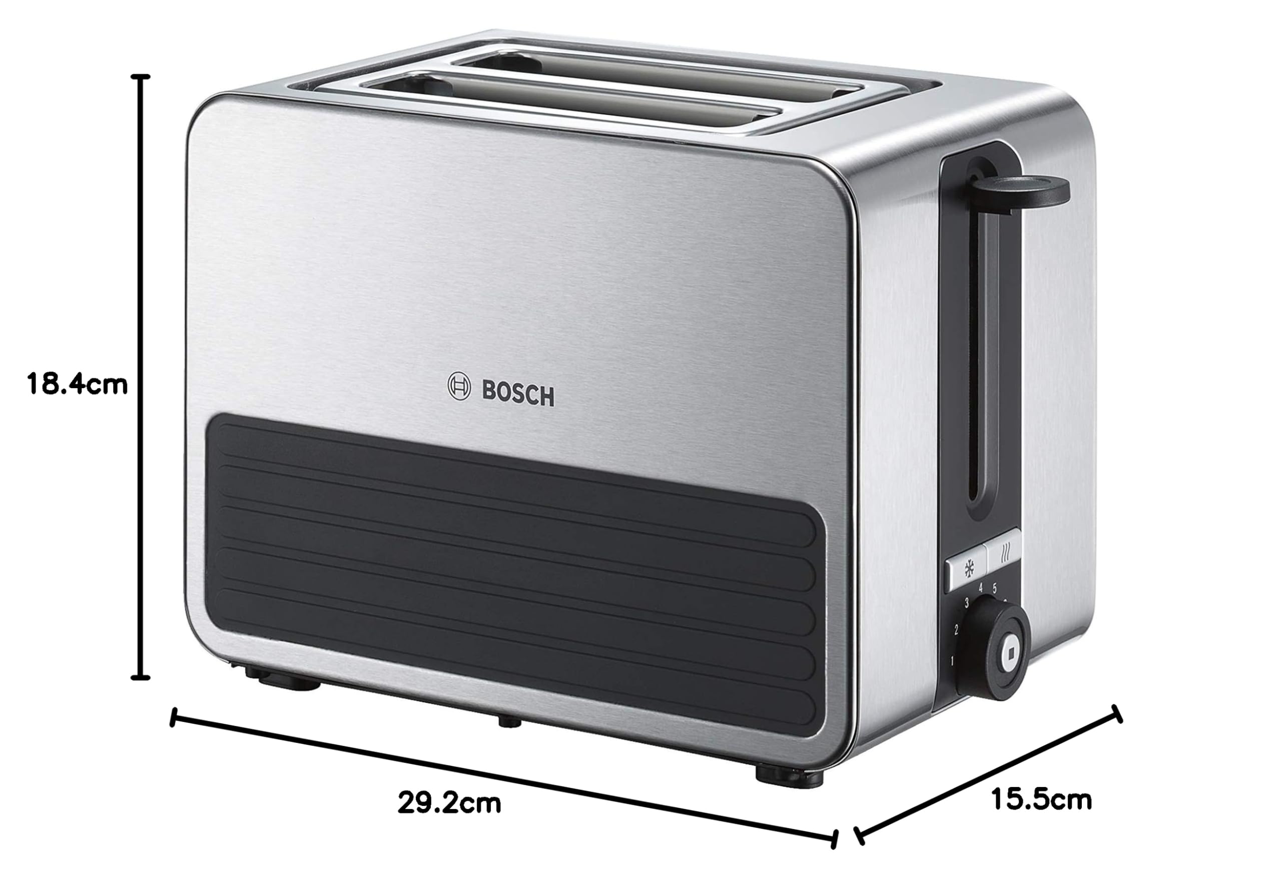 Bosch Kompakt Toaster TAT7S25, integrierter Edelstahl-Brötchenaufsatz, mit Abschaltautomatik, mit Auftaufunktion, ideal für 2 Scheiben Toast, 1050W, Schwarz/Grau