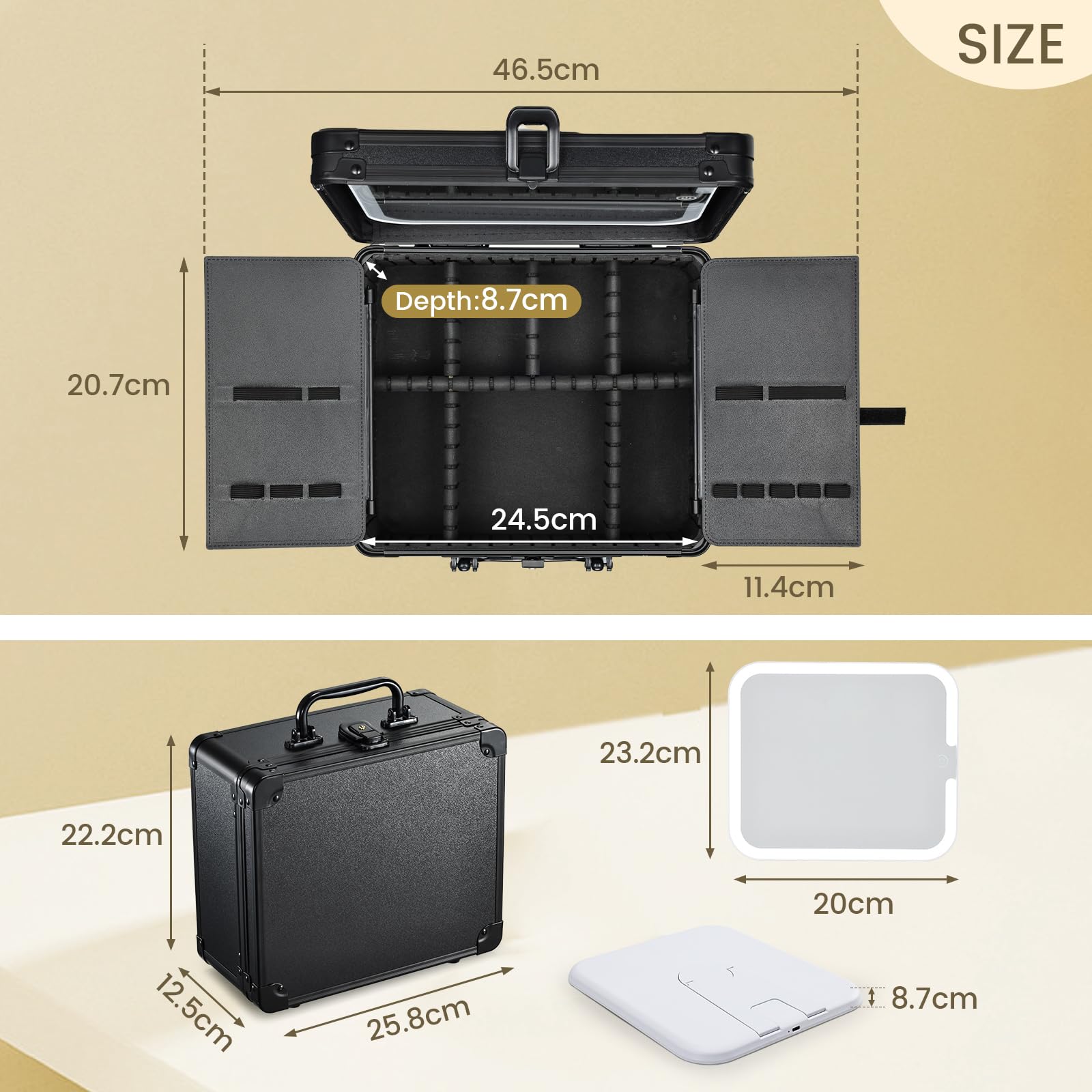 Make-up-Koffer mit LED-Spiegel, Reise-Schminkkoffer, Make-up-Organizer-Box, Schwarz , Modern, funktional