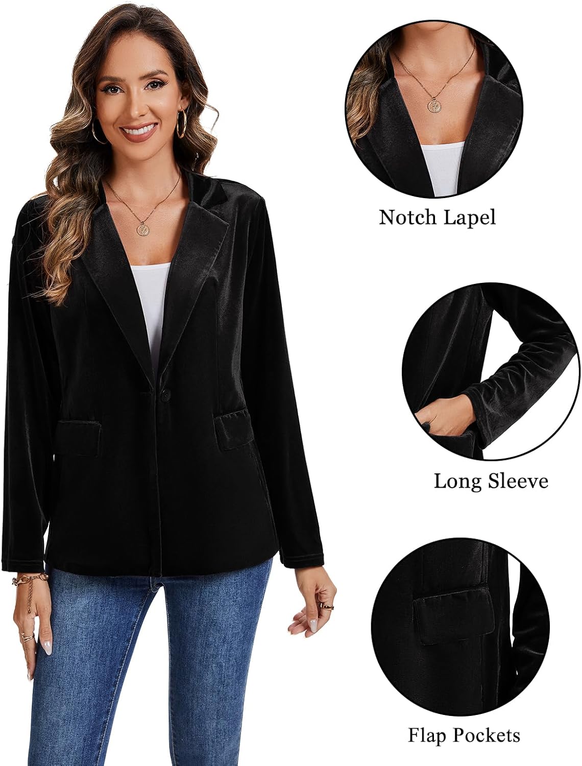 Women's Velvet Suit Blazer Jacket Casual Office Work Long Sleeve One Button Jacket Coat Blazer Pockets - Image 3