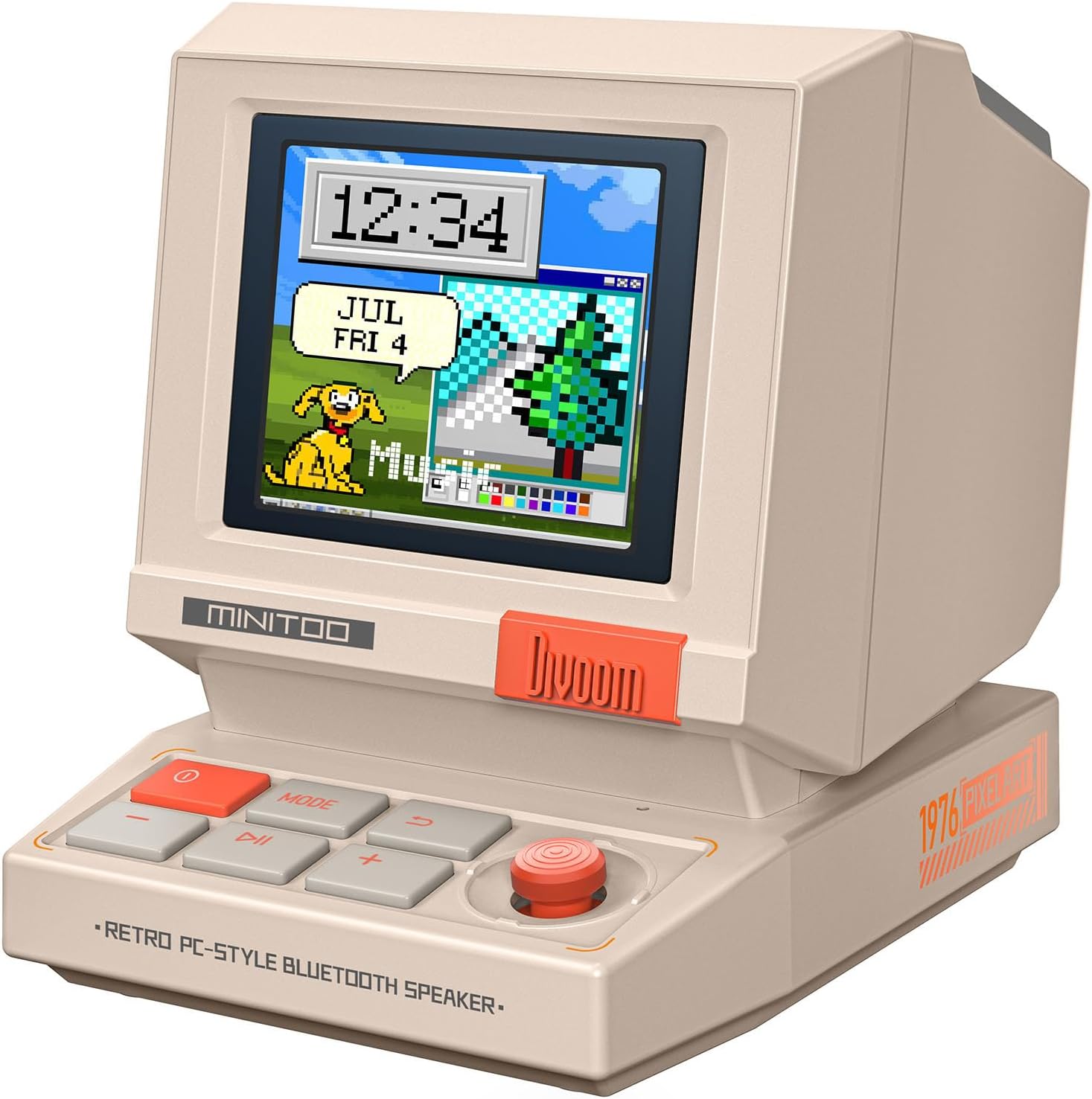 Divoom MiniToo speaker, front view, displaying a pixel art clock and a dog graphic.