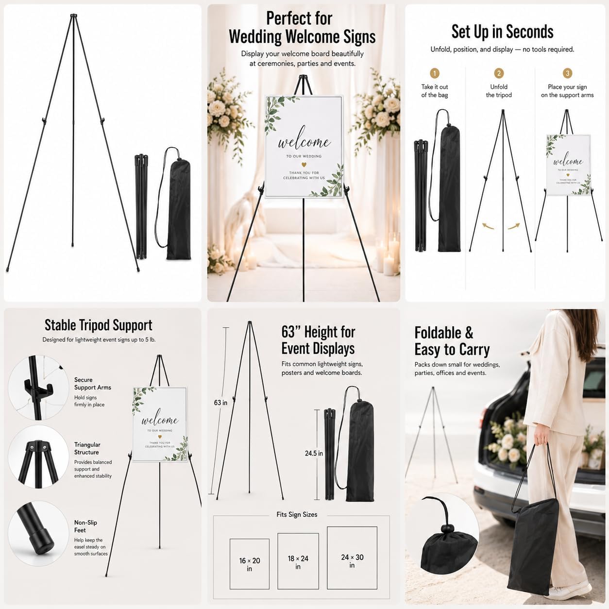 RRFTOK 63 Inch Easel Stand for Sign, Poster Stand and Wedding Sign | Instant-fold metal tripod with carry bag for welcome sign, poster display, foam board and floor use