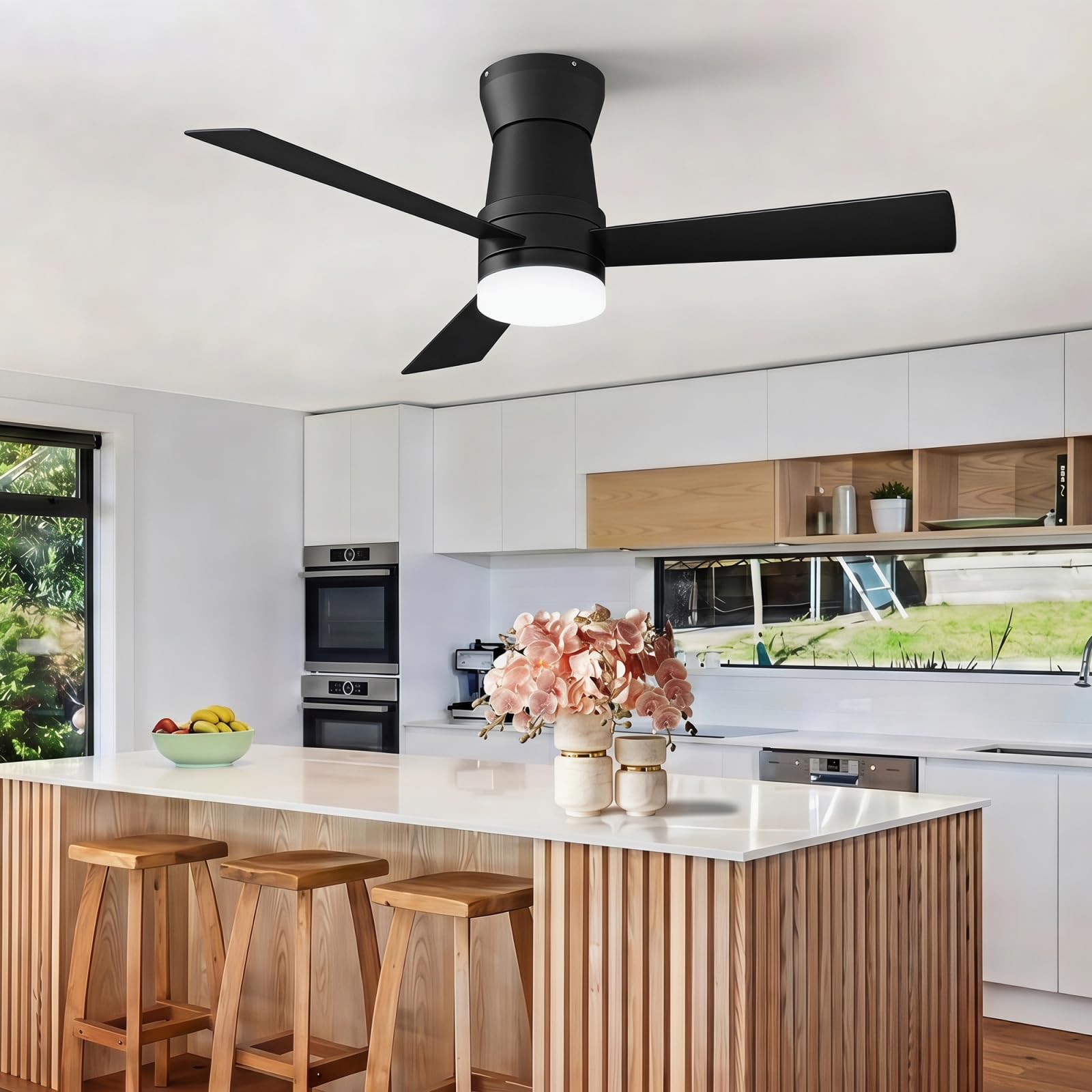 Ventilador de techo con 6 velocidades, 3 cuchillas, temporizador 1/4/8h, negro | Ventilador DC, motor de atenuador de frecuencia, funcionamiento verano/invierno,para sala de estar, dormitorio