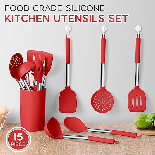 Miniatura 5 de Onader Juego de 15 utensilios de cocina de silicona, espátula roja con soporte, herramientas de cocina grandes para utensilios de cocina
