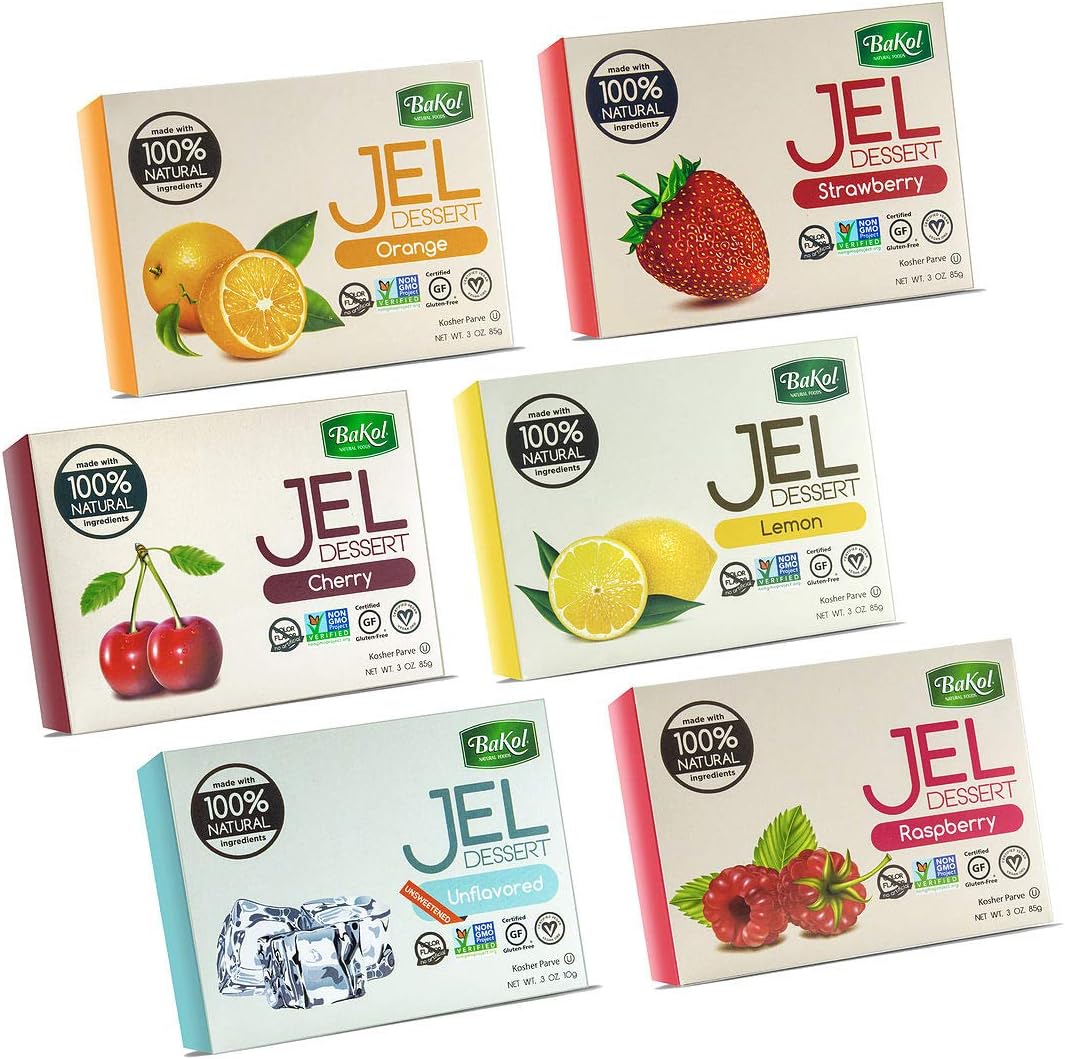 Jel Dessert - All Natural Vegan Dessert Mix - Kosher - Halal - No Artificial Sweeteners Flavors or Colors – Set Of All 6 Flavors - (Orange, Strawberry, Raspberry, Lemon, Cherry, Unflavored)