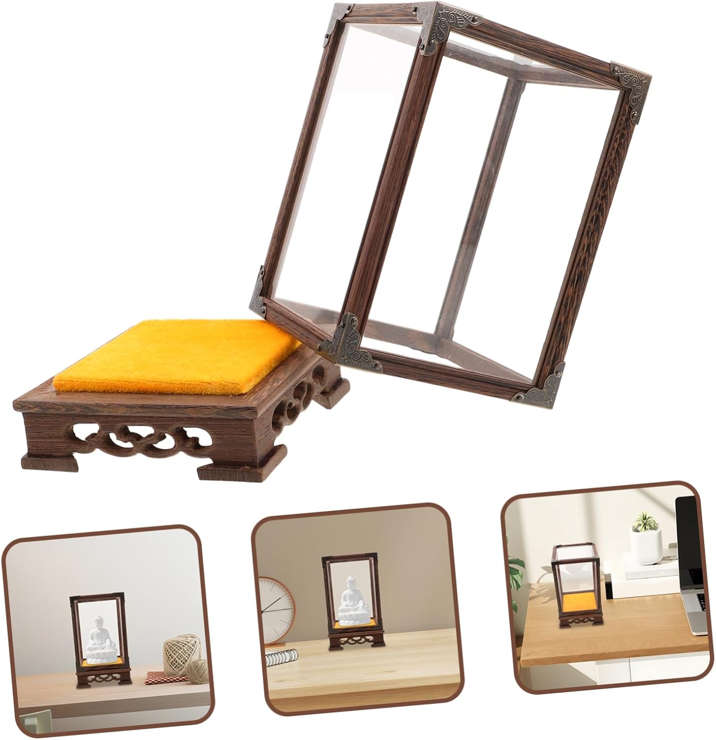 Wooden Glass Display Case for Buddha Figurines Antique Craft Organizer Transparent Cover Elegant for Collectibles and Home Decoration