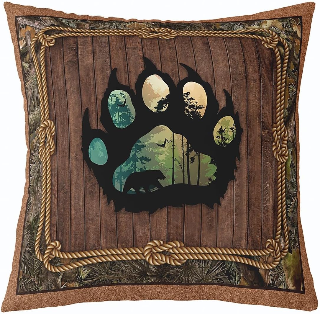 Manfei Hunting Brown Black Retro Double Sides Print Pillow Cover for Sofa Couch Chair,Wild Animals Rustic Farmhouse Throw Pillow Case Cover,Bear Single Pack Cushion Cover Room Decor,24"x 24"