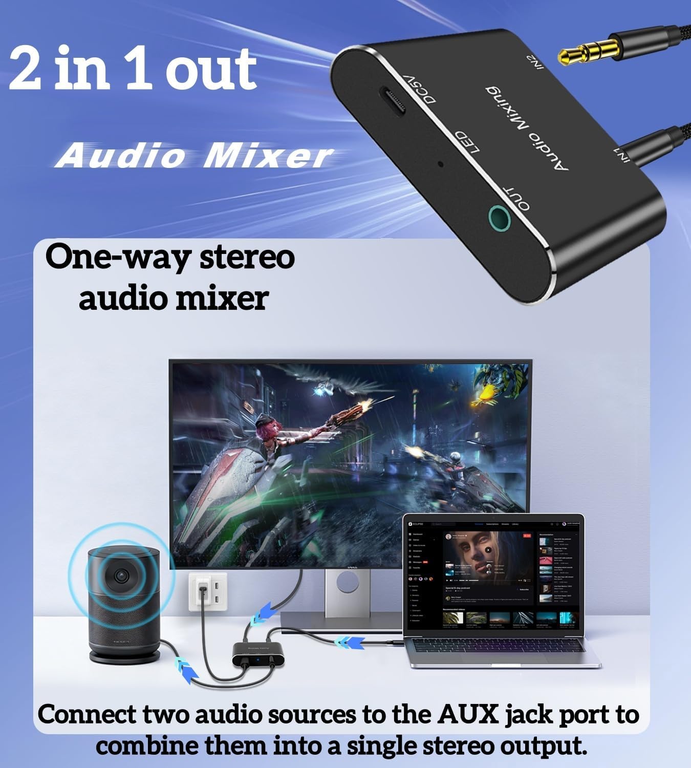 2 Channel Stereo Audio Mixer - 3.5mm Audio Mixer,Aluminum Shell - 3.5mm(1/8in) A udio Interface Support 2 In 1 Out Mini Stereo Sound M ixer with 3.3FT Audi o Cables - For PC, Phone, Headphones, Laptop