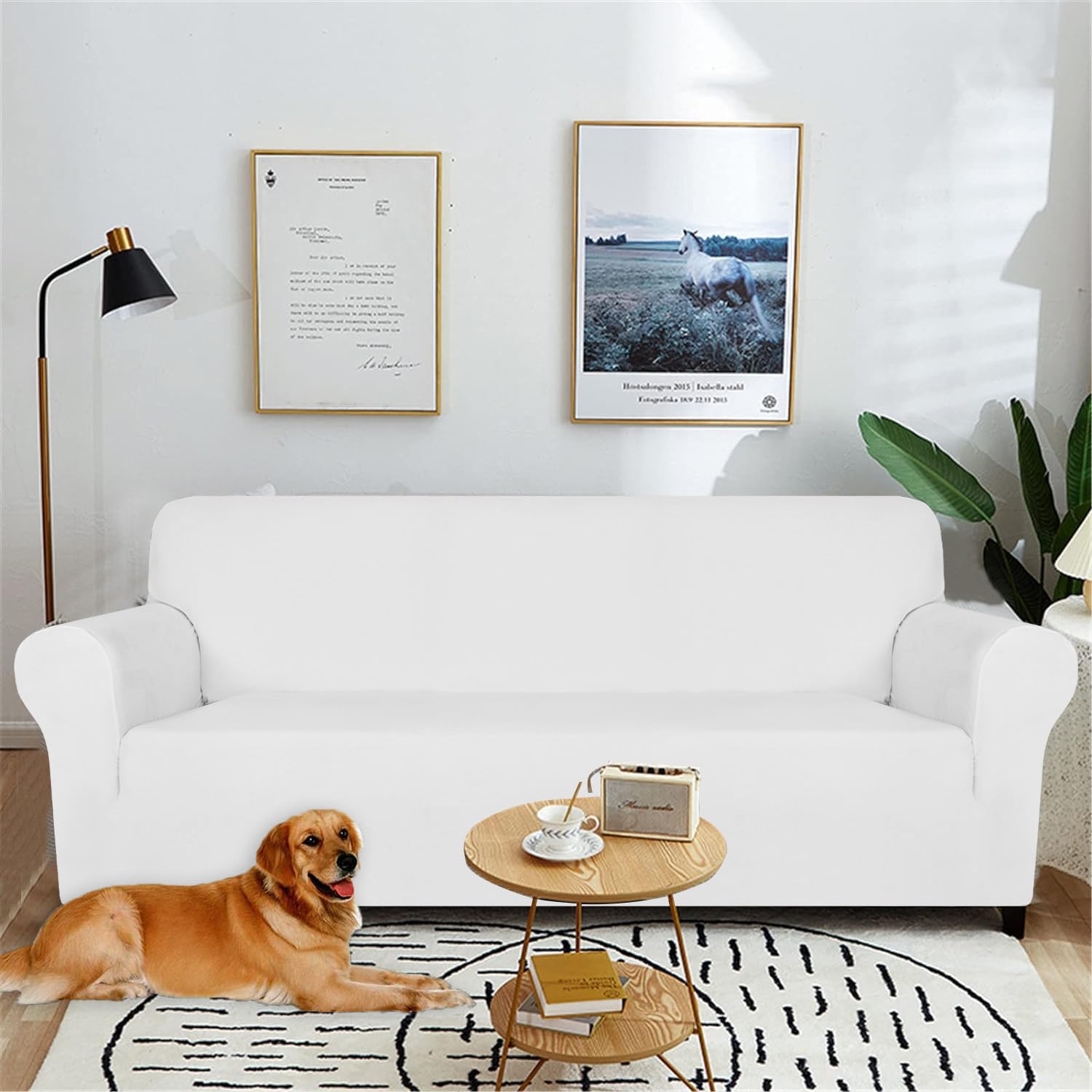 YSTELLAA Copridivano Velluto 3 Posti Con Braccioli, Copridivani Antigraffio Gatto, Fuzzy Copri Divano Elasticizzato Elastico, Universale Sofa Cover Antimacchia Lavabile Antiscivolo, Bianco