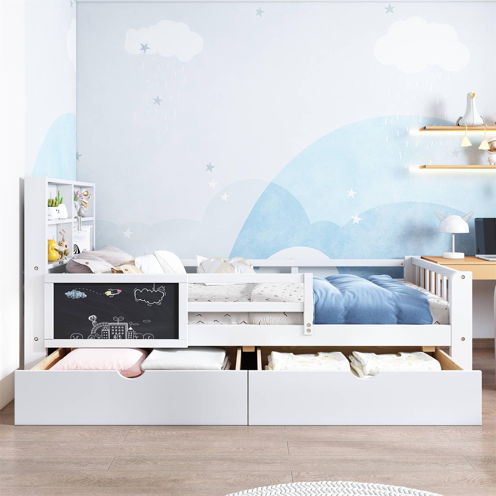 Letto Bambini 90x200 Cm Con Libreria E Cassetti: In Pino, Bianco, Con Lavagna E Rete A Doghe - Foto 12