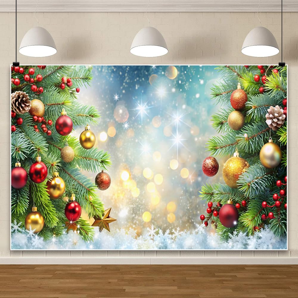 3x2m Sfondo Natalizio Glitter Oro Palline di Natale Rami di Pino Capodanno Sfondo Fotografico Baby Shower Ragazzo Ragazza Compleanno Foto Sfondi Adulti Ritratto Foto Prop