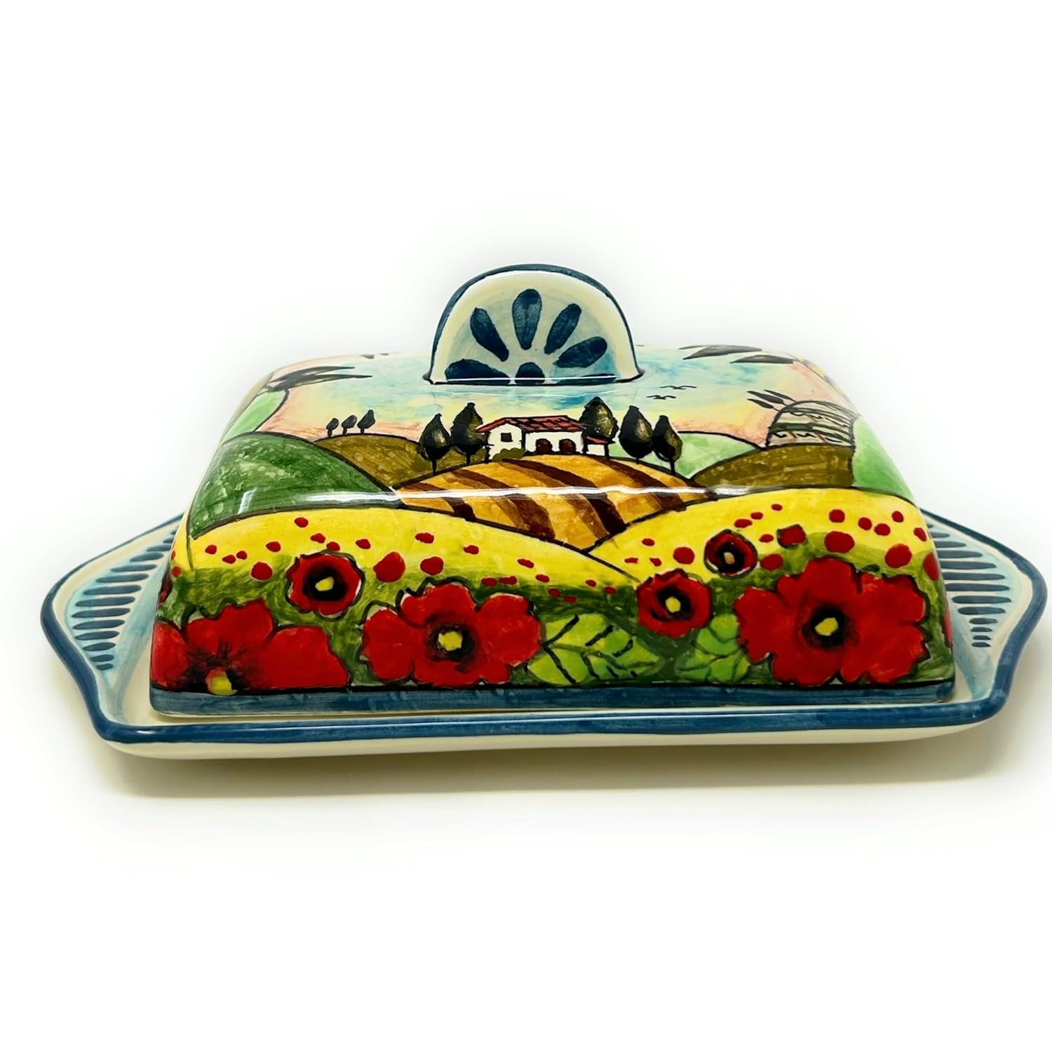 CERAMICHE D'ARTE PARRINI- Italian Ceramic Butter Dish Hand Painted Decorated Poppies Landscape Made in ITALY Tuscan Art Pottery