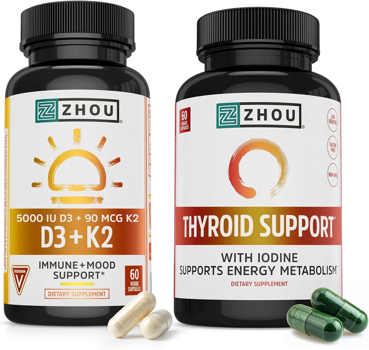 Zhou D3 + K2 & Thyroid Support - Vitamin D3 K2 Supplement for Women & Men with 5000 IU of Vit D & MK-7, Thyroid Supplement with Zinc, Iodine & Selenium, Metabolic Health - 60 Capsules Each (120 Total)