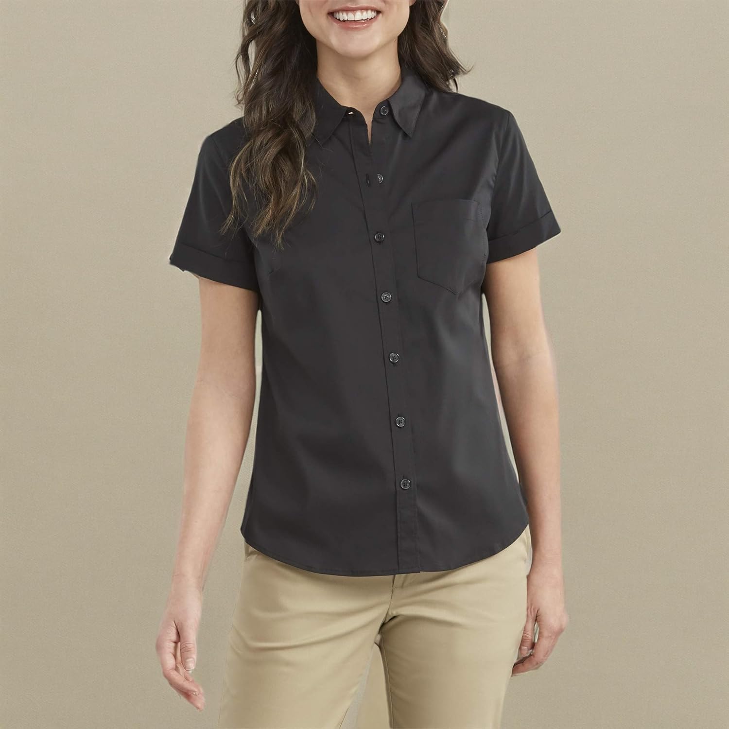 Dickies Women's Plus-Size Stretch Poplin Button-Up Short Sleeve Shirt Shirt, Black, 2PS - Image 3