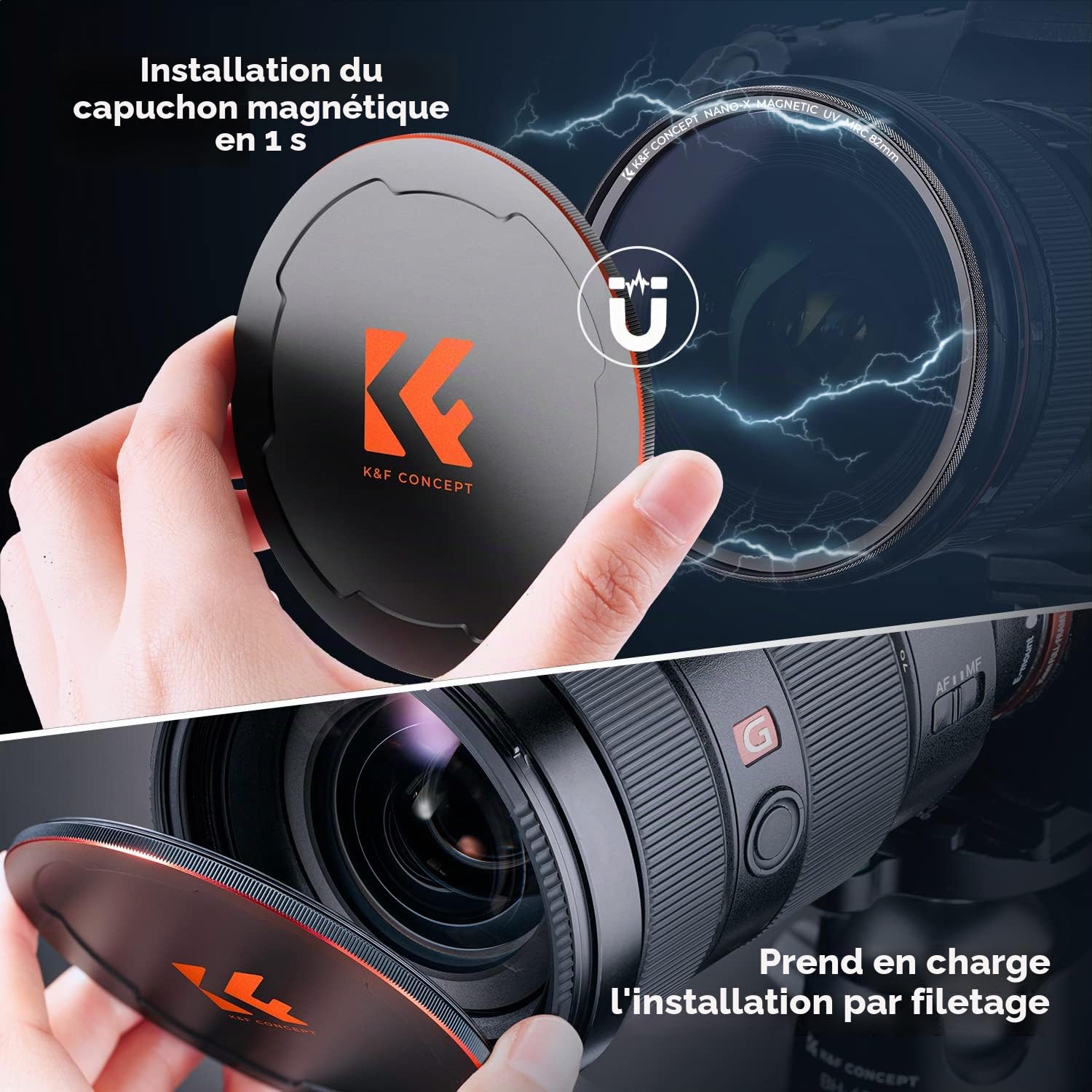 K&F CONCEPT Filtre UV 58mm Protection Magnétique et Bouchon Devant 2 en 1 | Installer Rapidement,Aimanté,HD,Nano-revêtement,Étanche,Résistant à l’huile et aux rayure,Cadre CNC Antidérapant,Nano-X,FG701