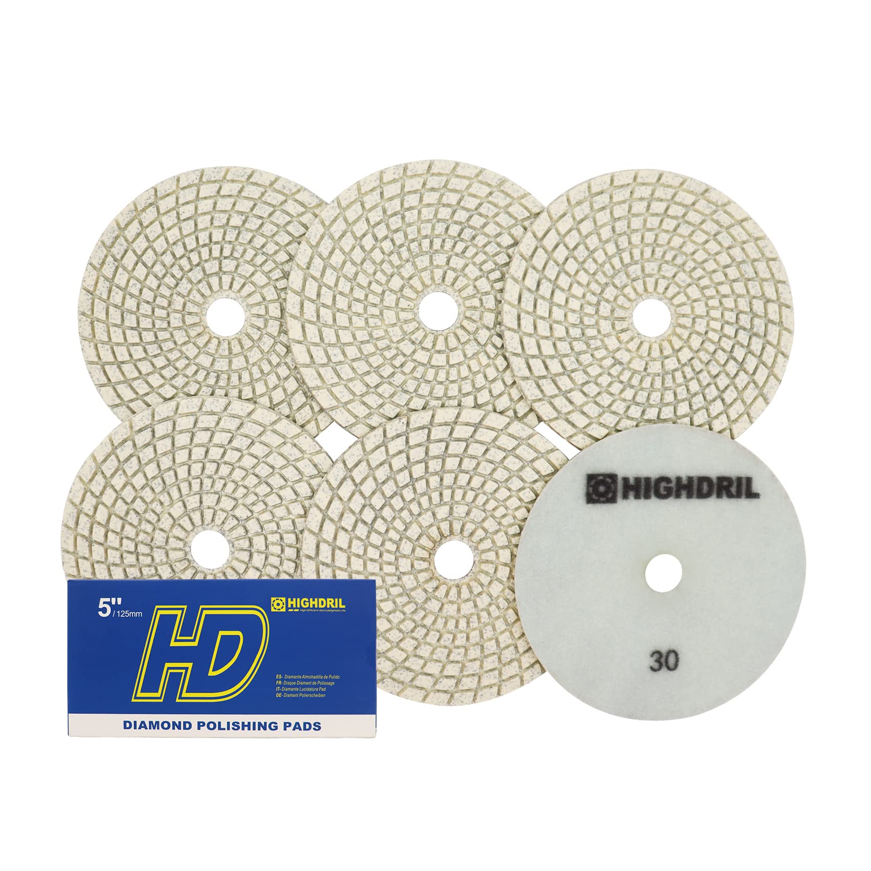 Nasse Diamant Polierscheibe - HIGHDRIL 6 Stück 125MM #30 diamant schleifpad für Granit, Marmor, Keramik, Kunststein Schleifblock auf Schleifer oder Polierer verwendet