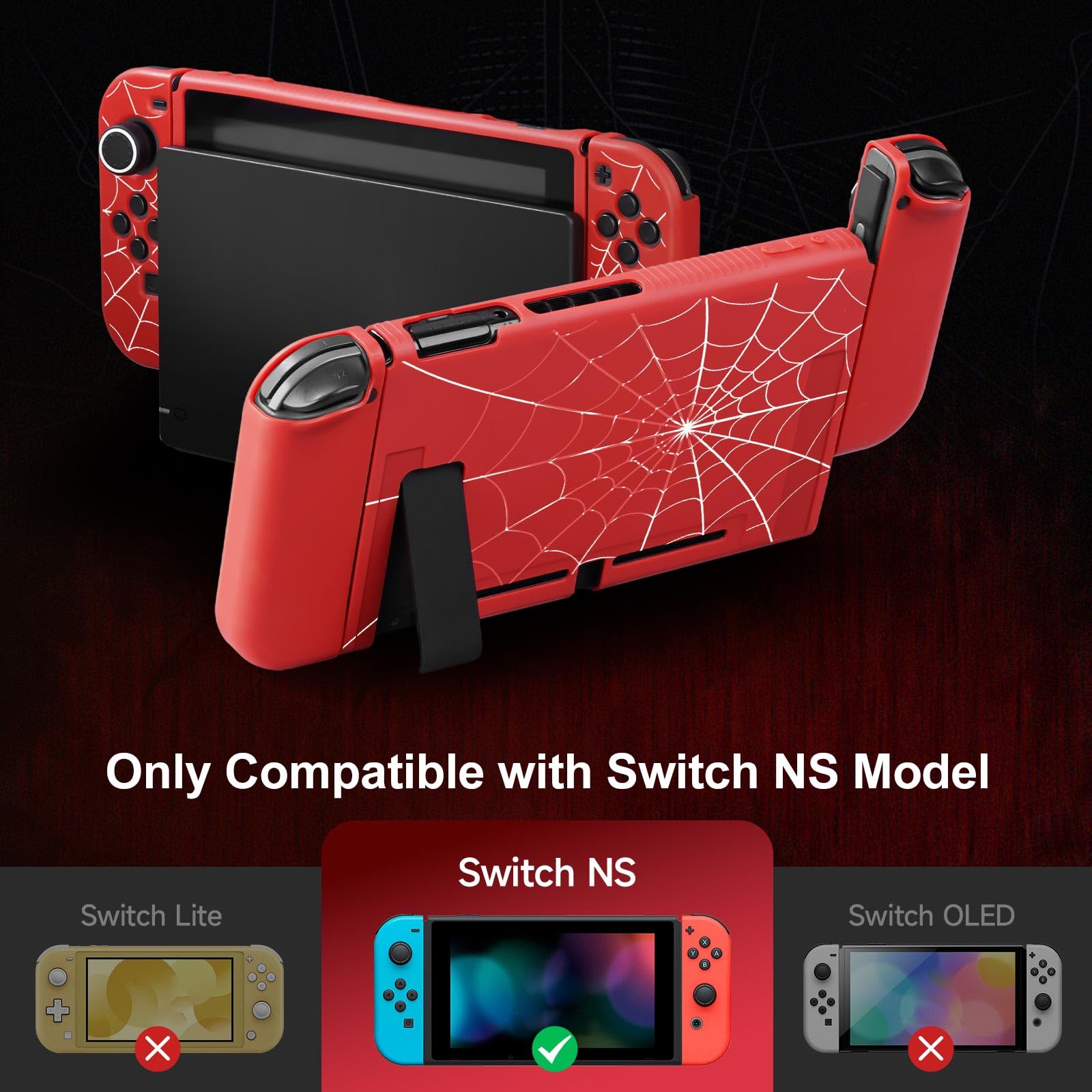 JINGDU Etui ochronne na Switch 2017 NS, dokowalny miękki ochraniacz TPU, wąskie, amortyzujące wstrząsy, odporne na zarysowania, z uchwytami na kciuki (pajęczyna, czerwony)