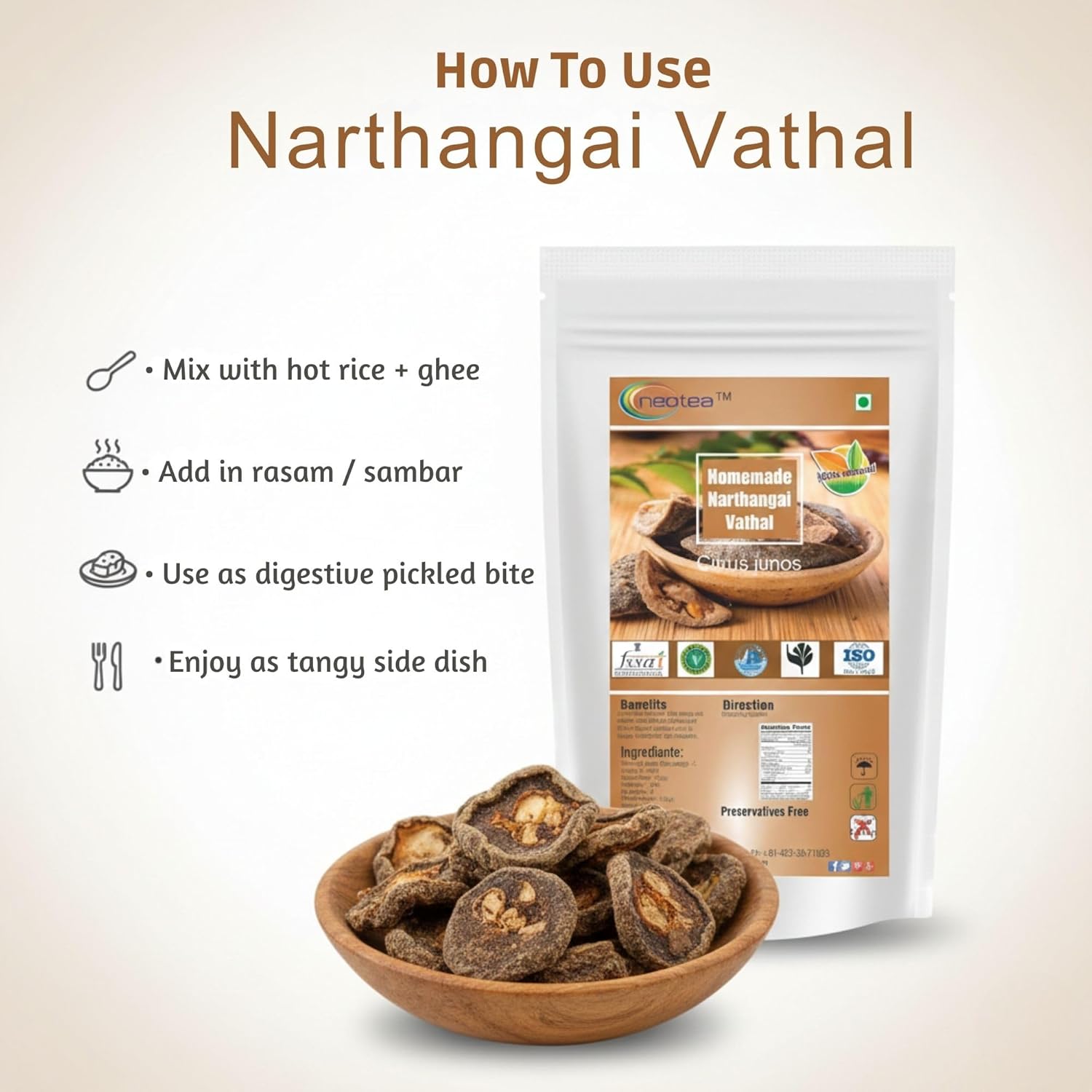 Neotea Homemade Narthangai Vathal | Sun-dried Citron | Bitter Orange | South Indian Traditional Vathal (250 GM)