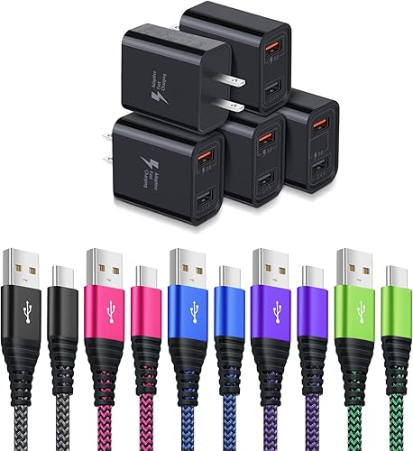 Cargador de pared 3.0 de carga rápida rápida con cable tipo C de 10 pies, paquete de 5 adaptadores de corriente USB dual de 30 W y 5 cargadores tipo