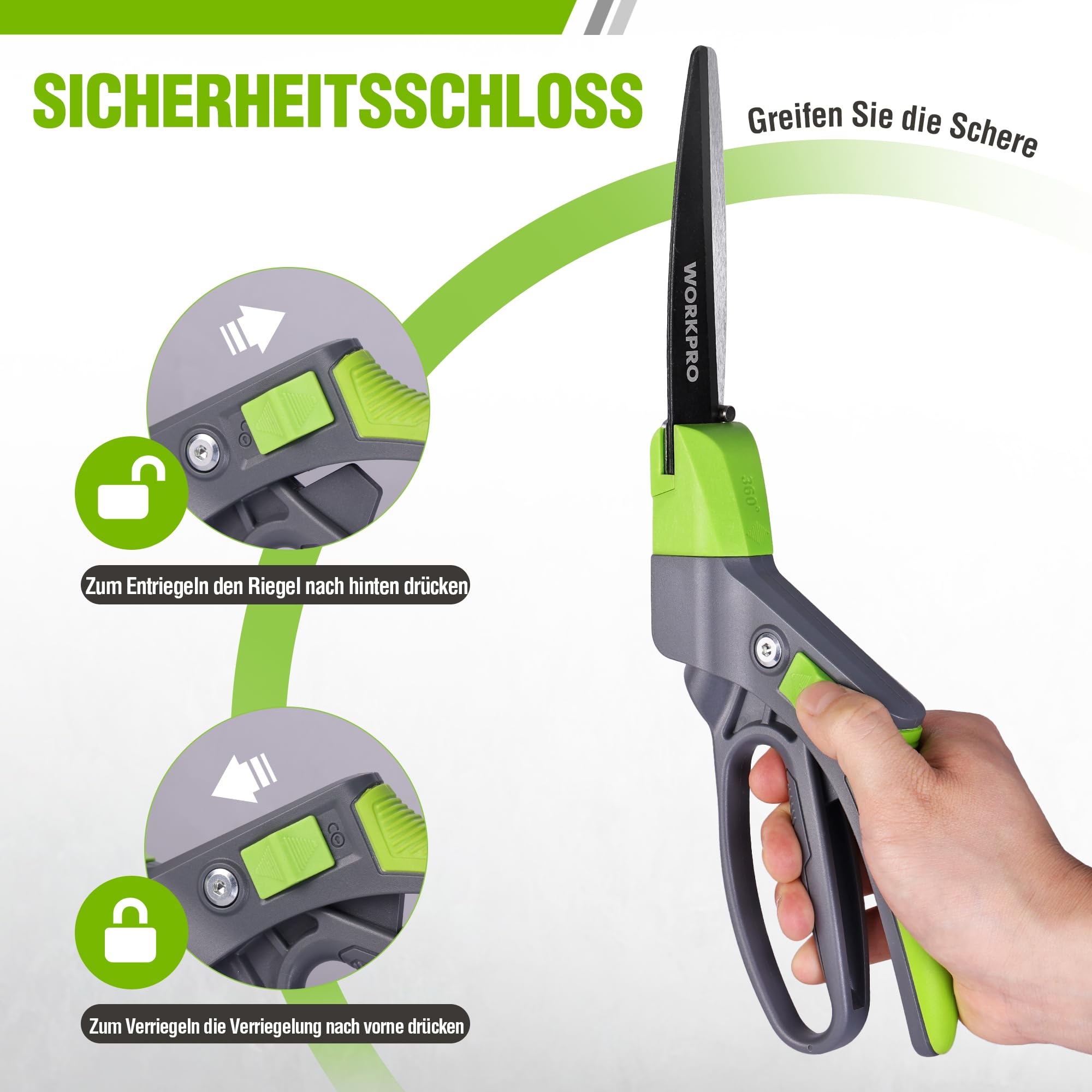 WORKPRO 360° Drehbare Grasschere 350mm, Rasenschere mit Ergonomischem Griff, Sicherheitsverschluss, Beschichtete Klingen für Langlebigkeit und Rostschutz, Ideal für Rasen, Pflanzen und Bonsai