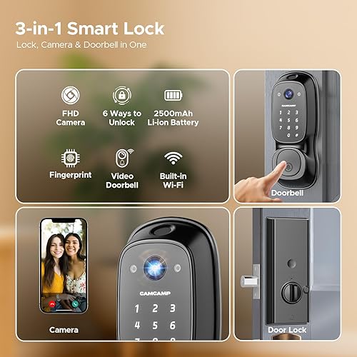 Miniatura 2 de Cerradura inteligente con cámara y timbre, cerrojo inteligente 3 en 1 para puerta delantera, cerradura de puerta de entrada sin llave de huellas