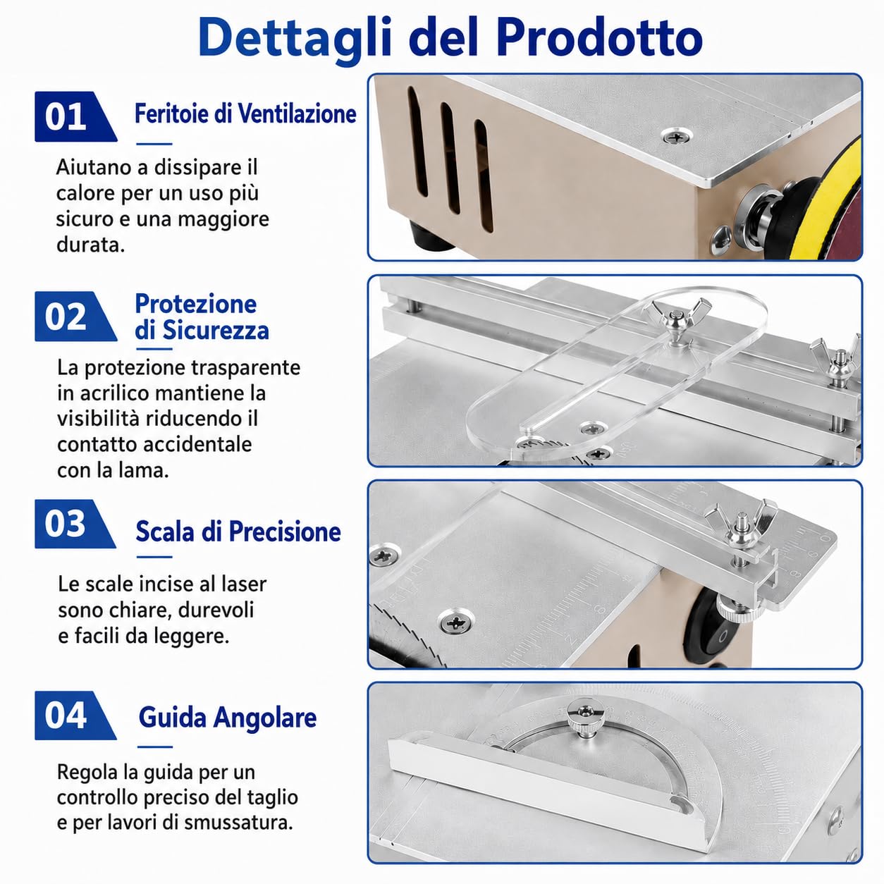 VOBOR Mini Sega Circolare da Tavolo con Disco per Lucidatura e 4 Lame, Altezza Regolabile, Alimentatore a 7 Marce, Lama per Sega da 0,1 a 15 mm, per Legno Fatto a Mano