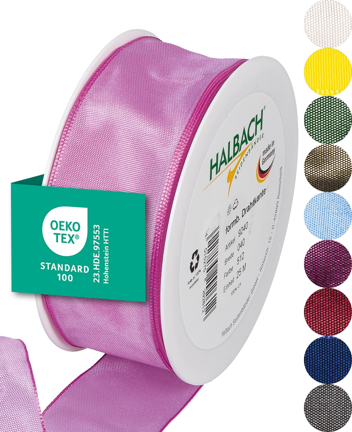 Halbach Seidenbänder Premium Geschenkband mit Drahtkante | Breite 40mm Länge 25m | Öko-Tex 100 zertifiziertes Schleifenband | Taftband Made in Germany, Farbe: rosa