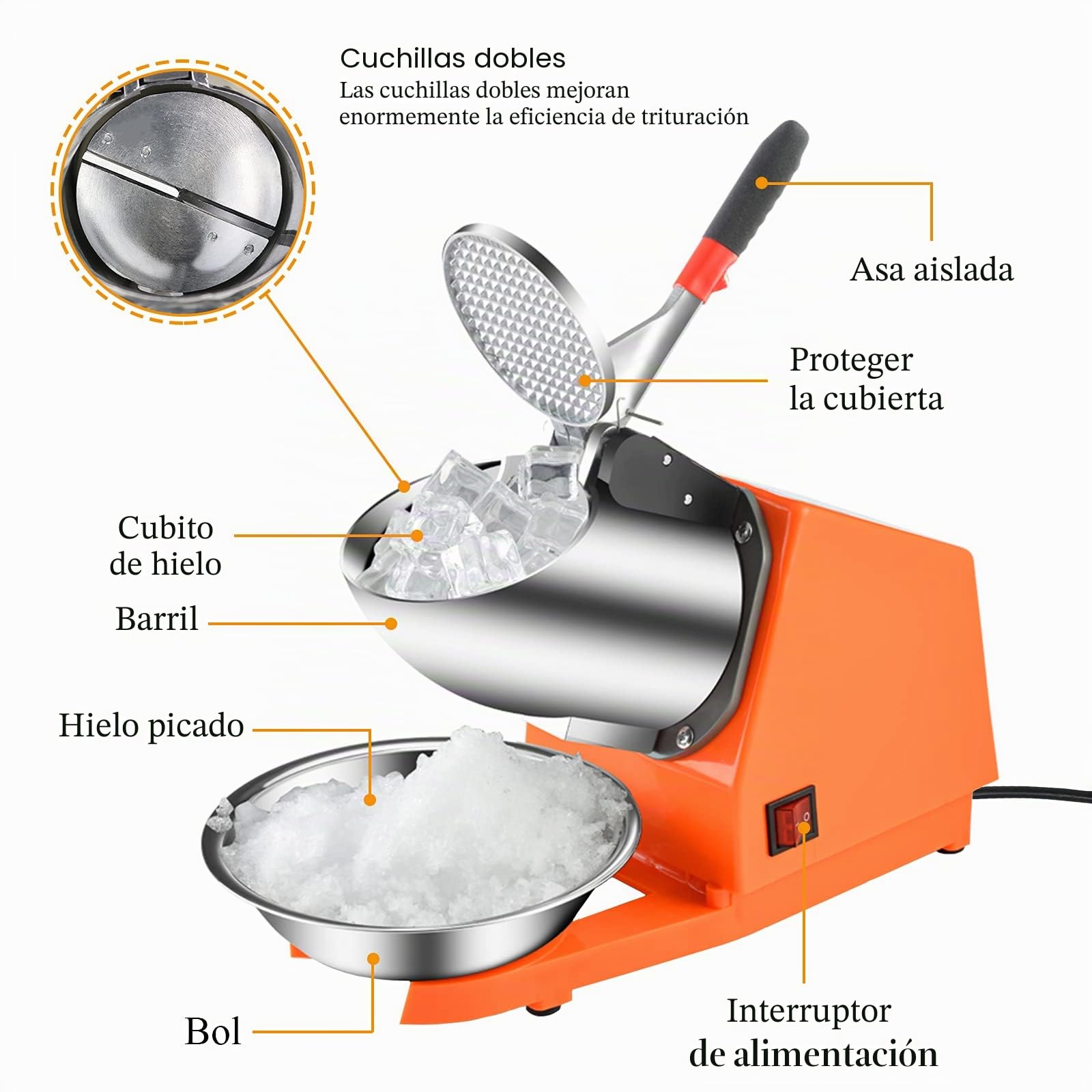 Trituradora de hielo eléctrica de doble cuchillo, 300 W, 220 V-240 V, máquina de hielo machacada, máquina de batido comercial, para restaurantes, bares, fiestas (naranja)