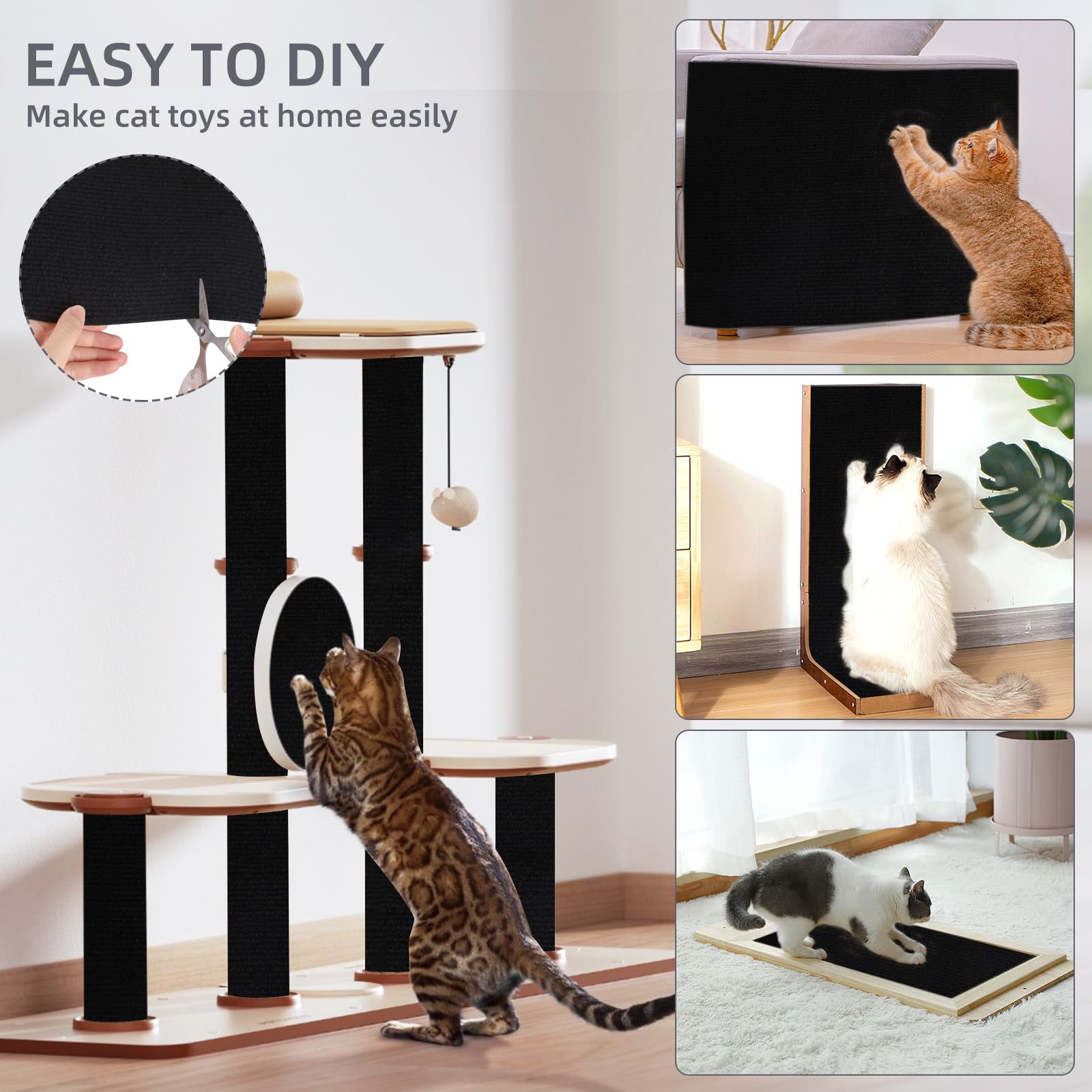 Protezione Divano Graffi Gatto: DIY Tiragraffi per Divano Tappeto Tiragraffi per Gatti Autoadesivo 200x40cm - Ideale per Divani, Mobili e Pareti, Sisal e Moquette (Nero, 40×200cm)