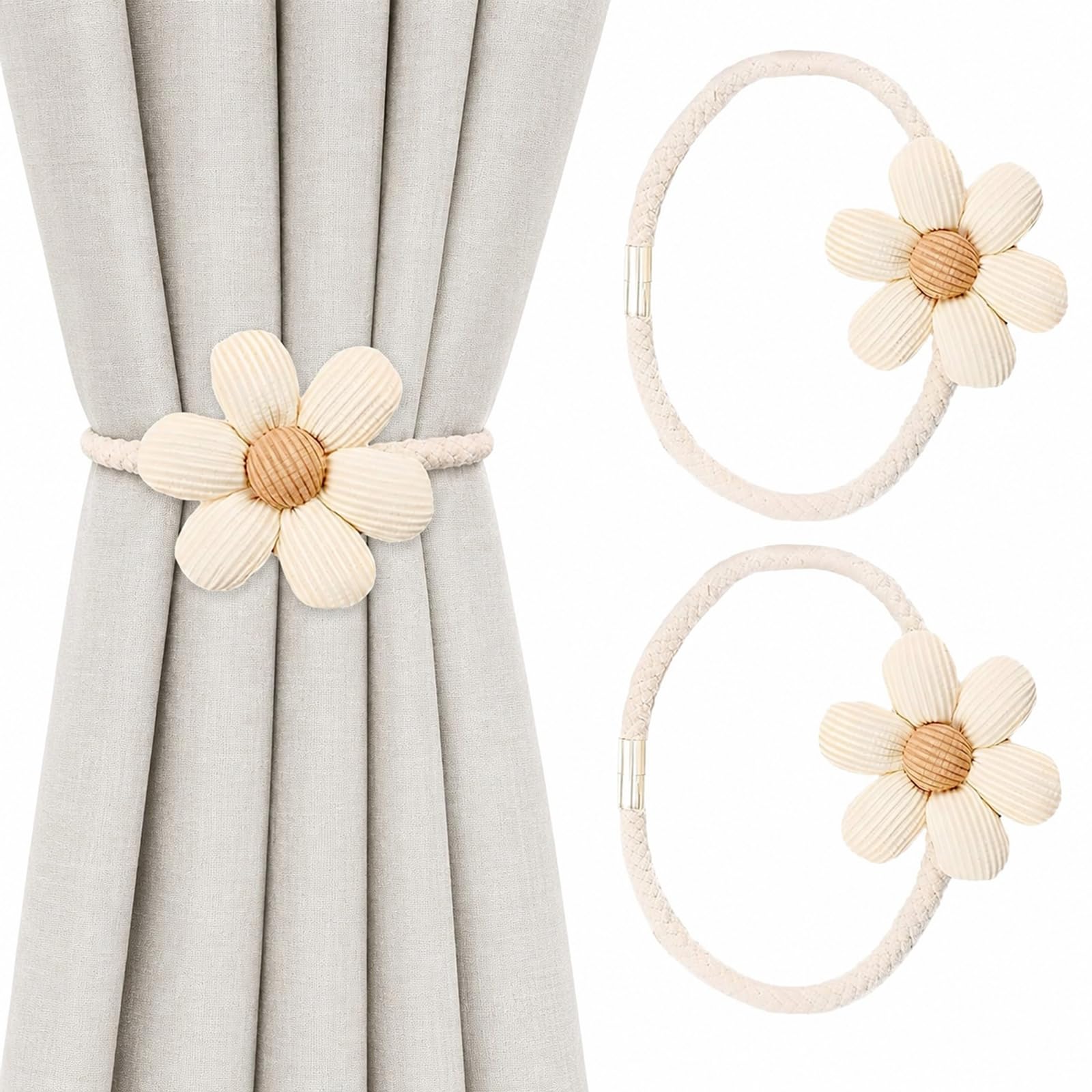 2PCS Magnetic Curtain Tiebacks, Beige Flower Holdbacks, 42 cm Cord