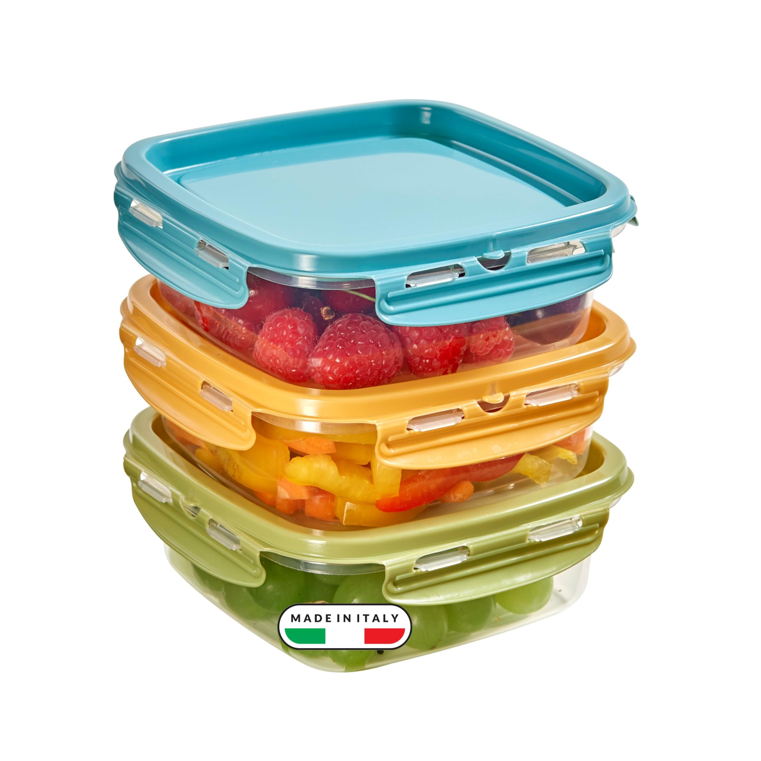 Snips, SnipsLock MIXCOLOR, Set of 3 Food Containers, 3 x 0.50 LT, Square, 14.7 x 14.7 x 8 cm, Made in Italy