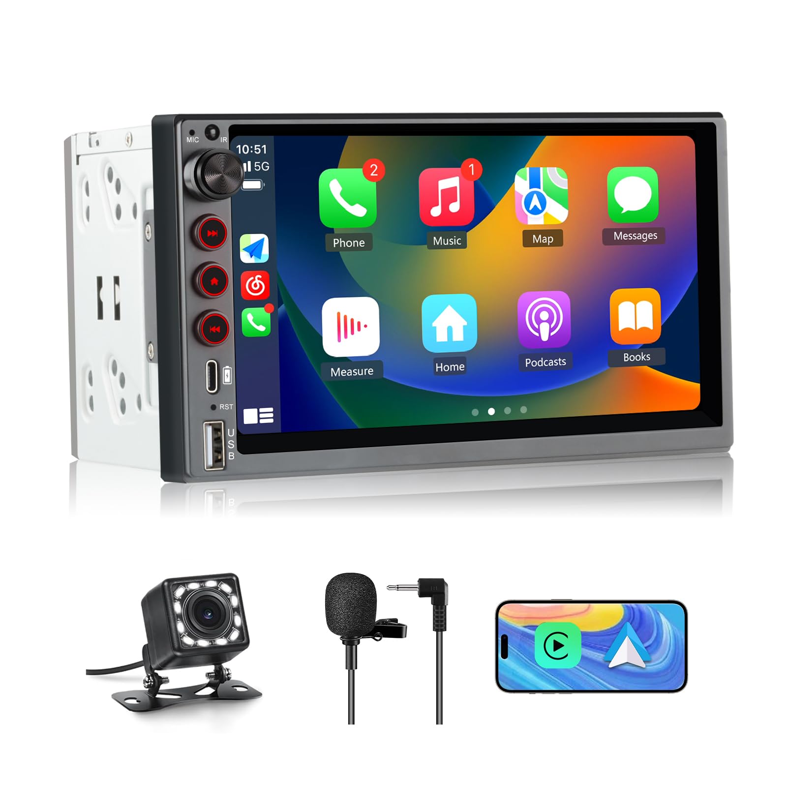 Universale Autoradio 2 DIN con Schermo Wireless CarPlay & Android Auto Bluetooth FM GPS USB Tipo-C Comandi al volante