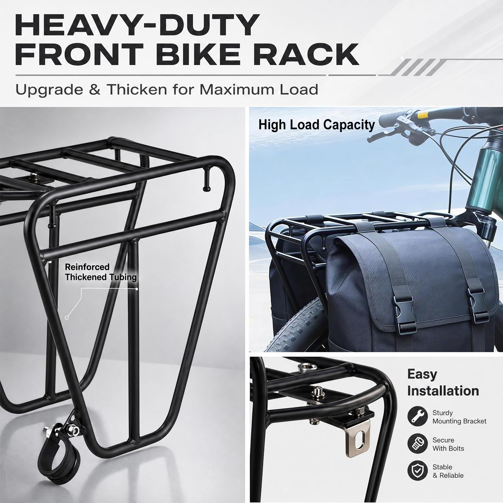Porte-bagages de vélo avant et arrière – Porte-bagages en acier stable pour VTT, vélo de gravier et trekking – Charge maximale de 25 kg – Universel pour la vie quotidienne, les trajets et les