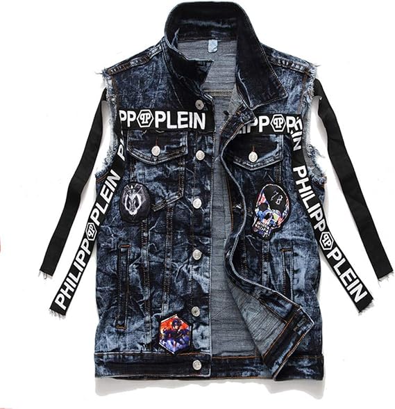 Amazon イキュウバシ デニムベスト メンズ デニムジャケット Gジャン メンズ ダメージ ジージャン デニム アウター チョッキ 袖なし 刺繍 スカル 春夏 ロック 英字 ノースリーブ トップス メンズベスト ベスト 通販