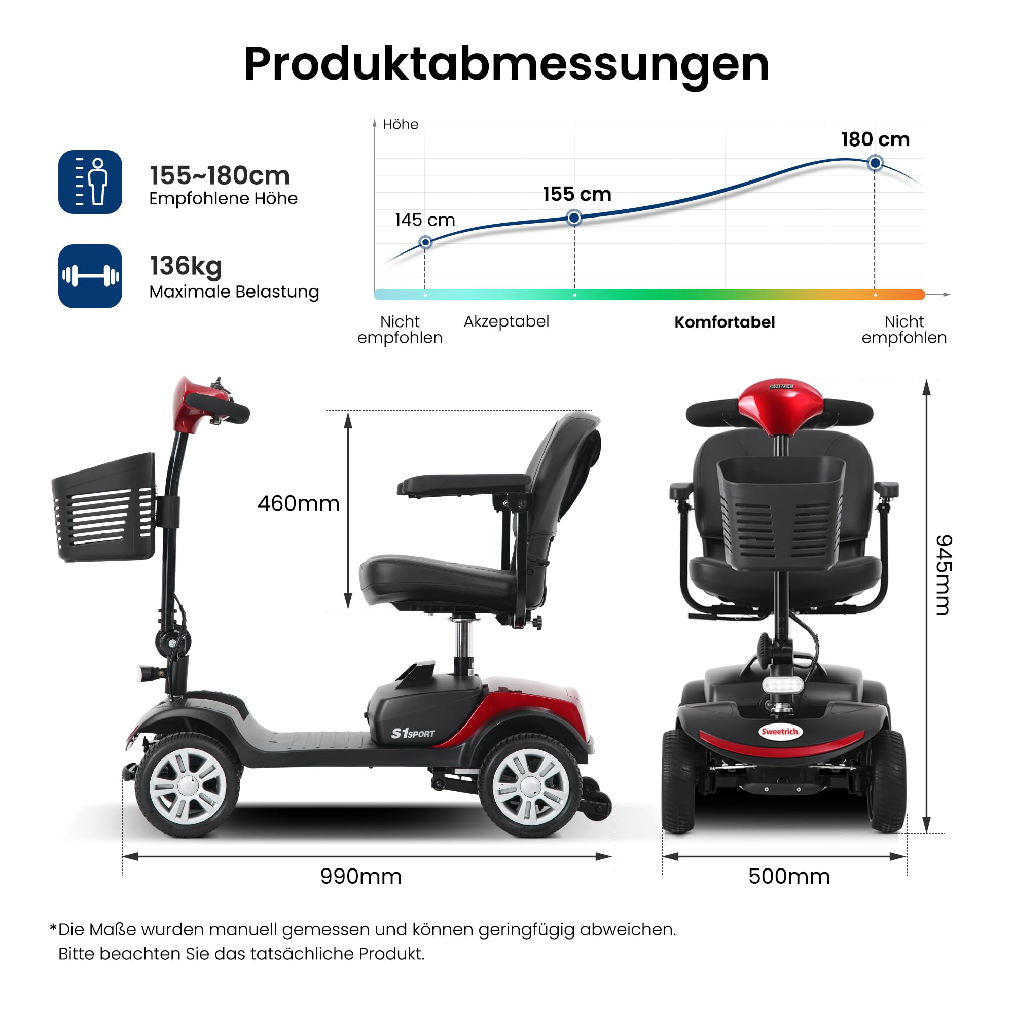 Rollstuhl Elektrisch Faltbar für Senioren Elektro Rollstuhl mit 360° Drehsitz 20km Reichweite Intelligenter Bremse Inkl LED Scheinwerfer,Ladegerät Rot.
