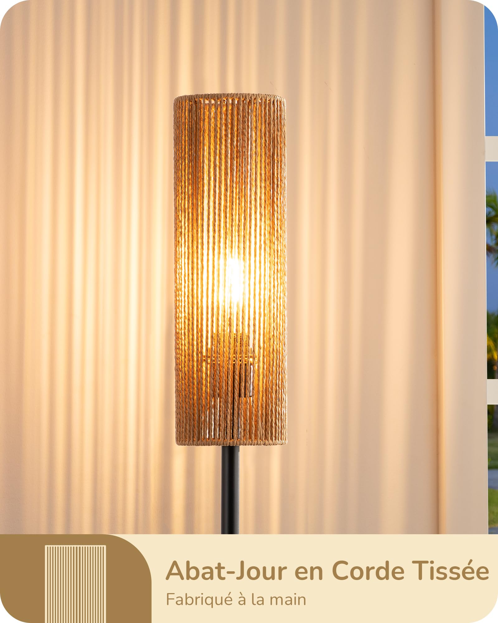 EDISHINE Lampadaire sur Pied Salon avec E27 Ampoule LED de 2700K Lumière Chaude et Abat-jour en Corde Tissée, Interrupteur à Pédale, Lampe sur Pied Moderne pour Salon, Chambre, Bureau, 165 cm