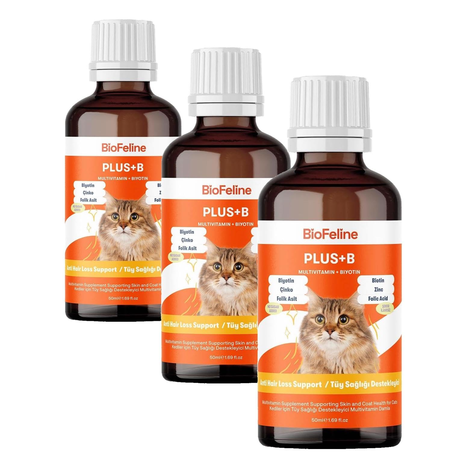 Biofeline Kediler İçin Plus B Damla 50ml ve Tüy Dökülmesini Engelleyici Biotinli Tüy Sağlığı Damlası (3 paketi)