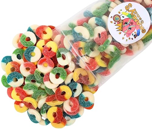 Grandys Candys -Mezcla de arcoíris surtido- Anillos de goma suaves, masticables, polvo de azúcar - Caramelos a granel (2 libras)