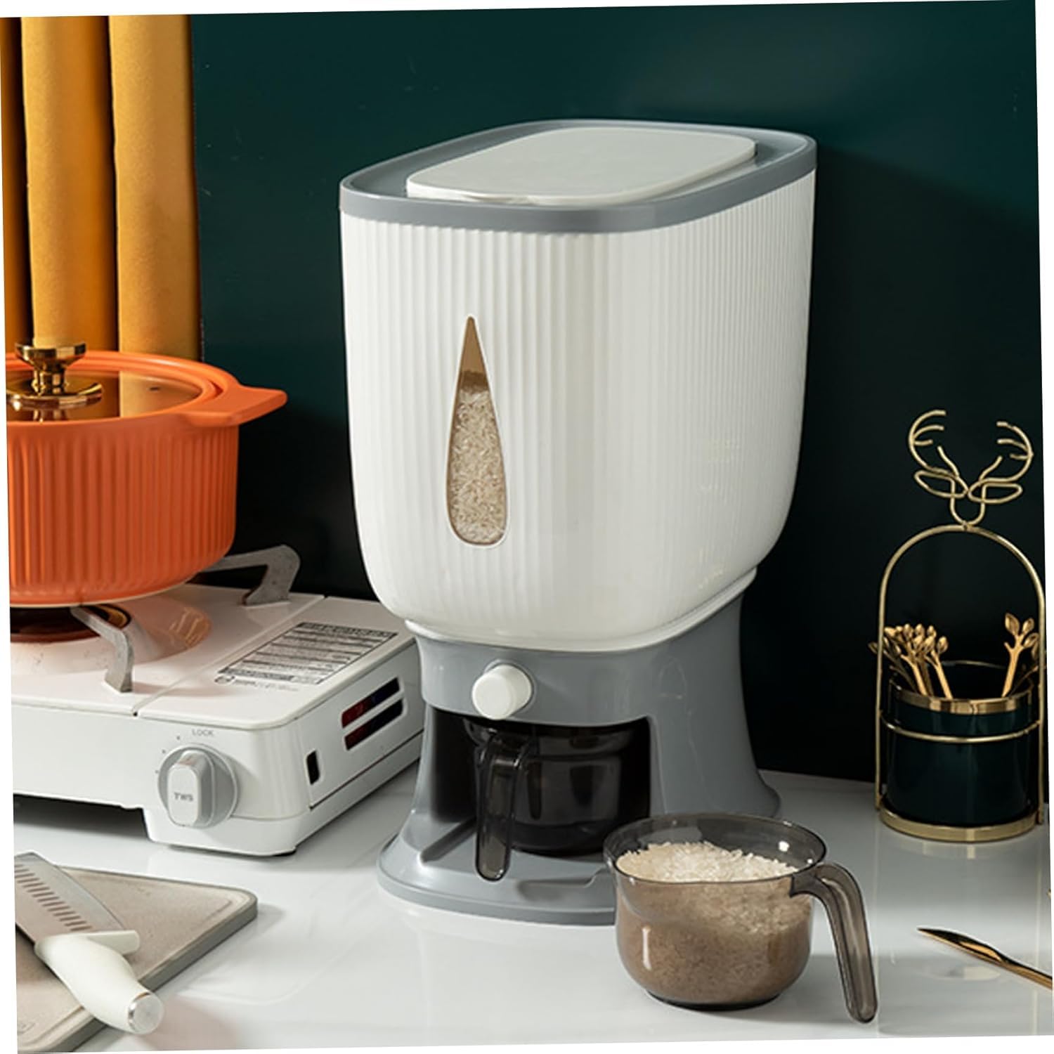 Contenitore per riso, dispenser automatico di riso con tazza per risciacquo, design a pressione e finestra di visualizzazione per un'organizzazione efficiente della cucina