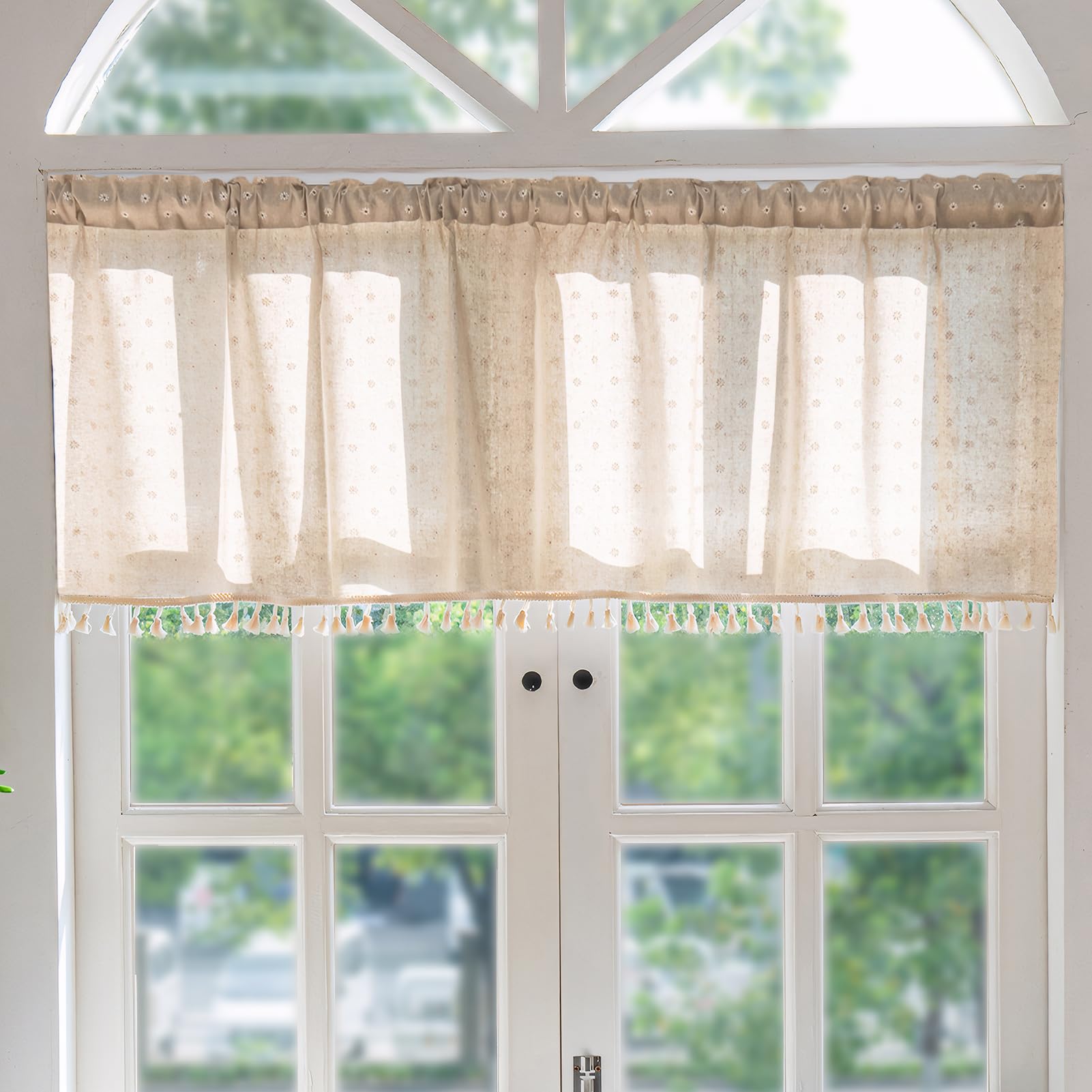 Cortinas Cortas con Estampado Floral Semi-Transparente Lino como Panel Cortinas para Sala de Estar Baño Dormitorio Balcón, Amarillo, 150×46 cm