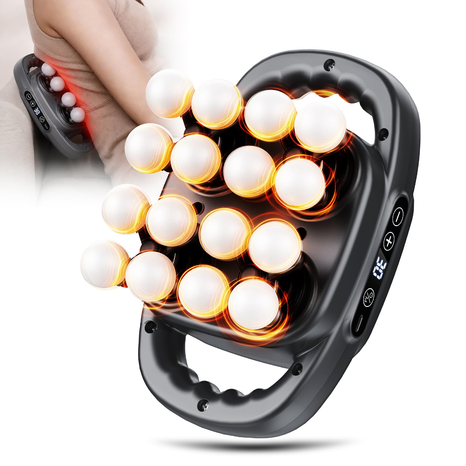 Pistolet de Massage Portable 16 Têtes, Relaxation 3X Massage Gun, Masseur Musculaire Silencieux, 3 Modes 30 Intensités, Cou Dos Jambes Pieds, Format Smartphone, Cadeau Fête des Pères