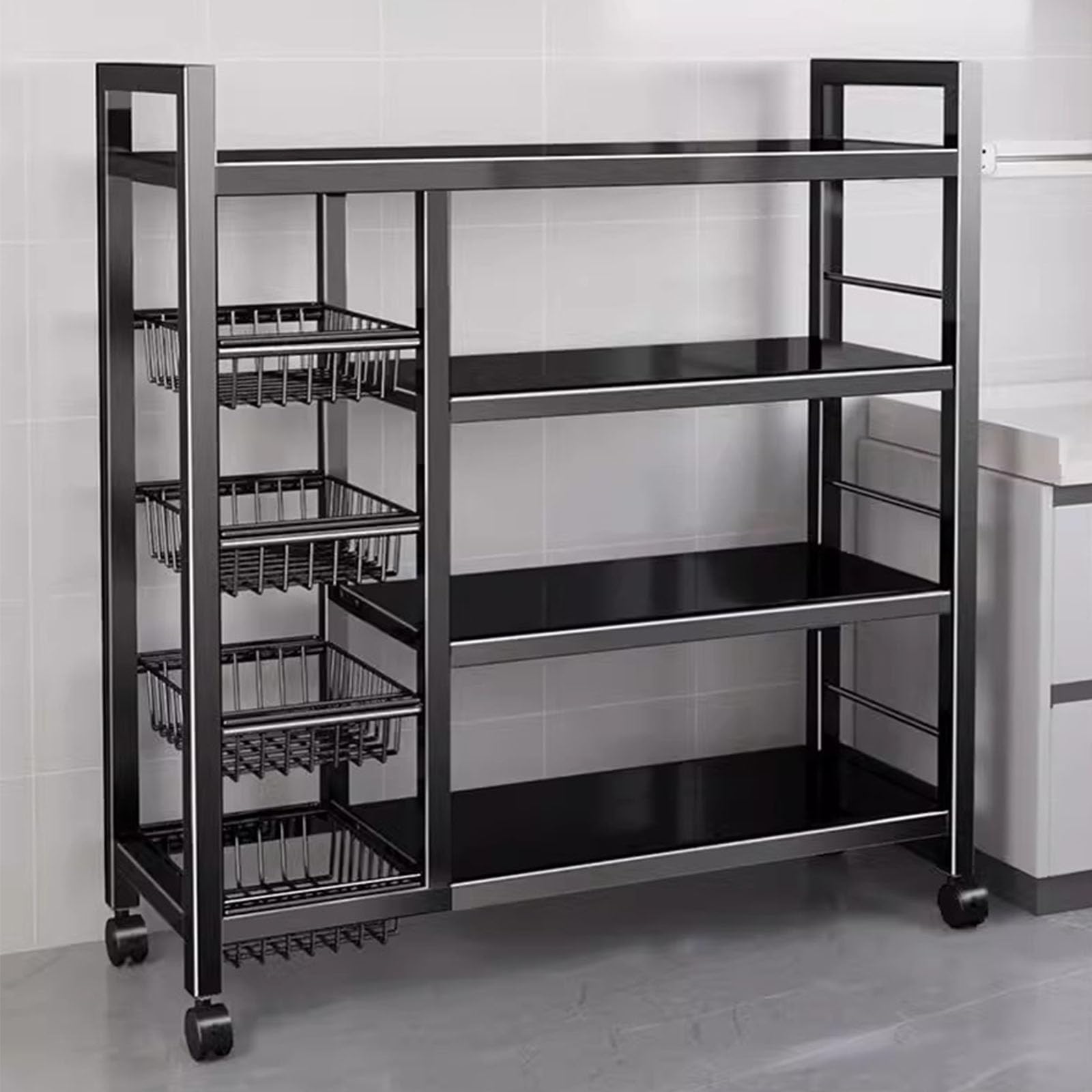 Un Etagère de Stockage en Métal Robuste et Durable Avec 4 Couches et 4 Paniers en Maille, Equipé de Rouleaux et de Hauteur Réglable de 5 Centimètres, Adapté Cuisines (noir, 36x12.6x53in/90x32x135cm)