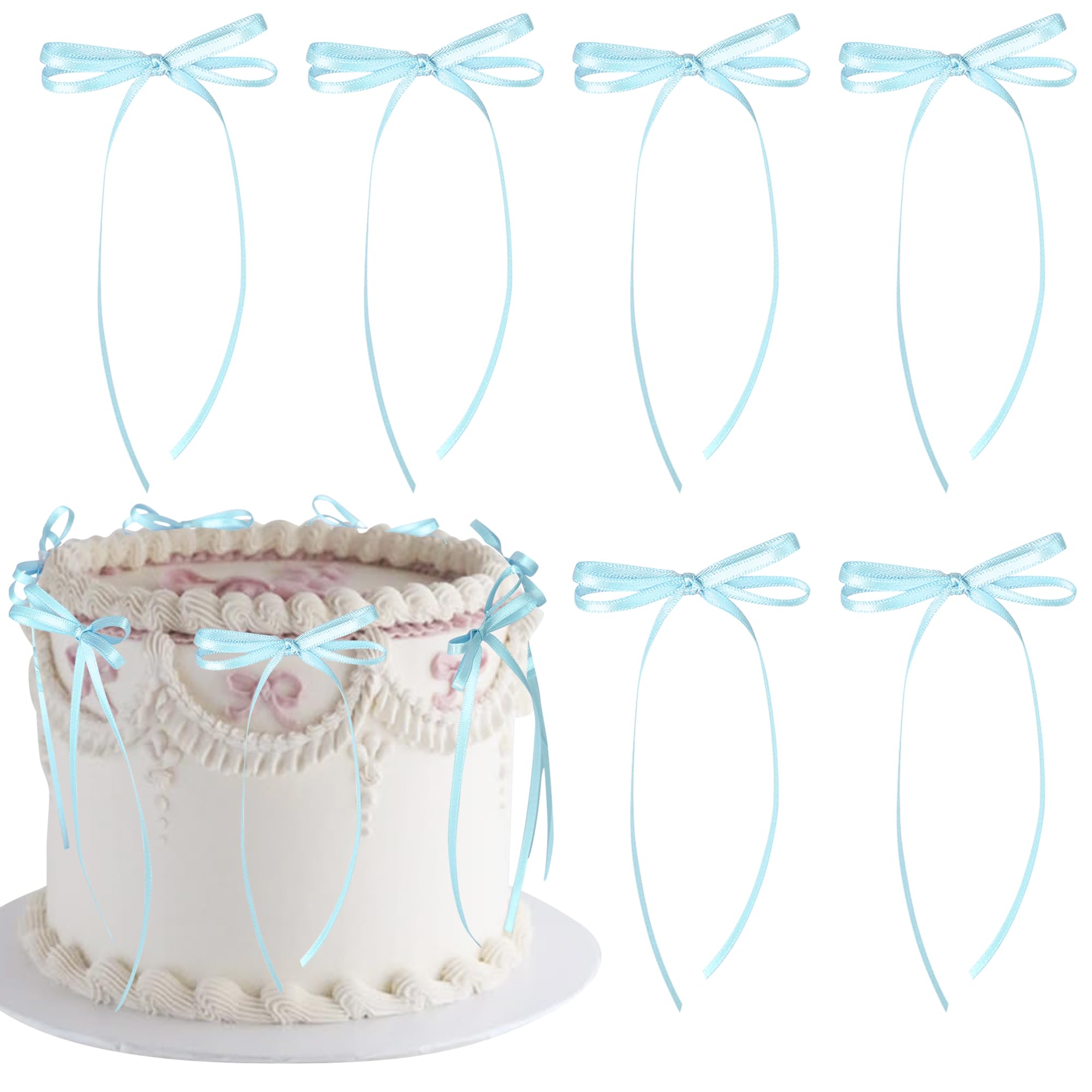Xsstarmi 10 Pack Light Blue Bowknot Theme Birthday Cake Topper Girls Princess Bow Birthday Cake Pick for Baby Shower Wedding Birthday Anniversary Party Cake Decorations Supplies