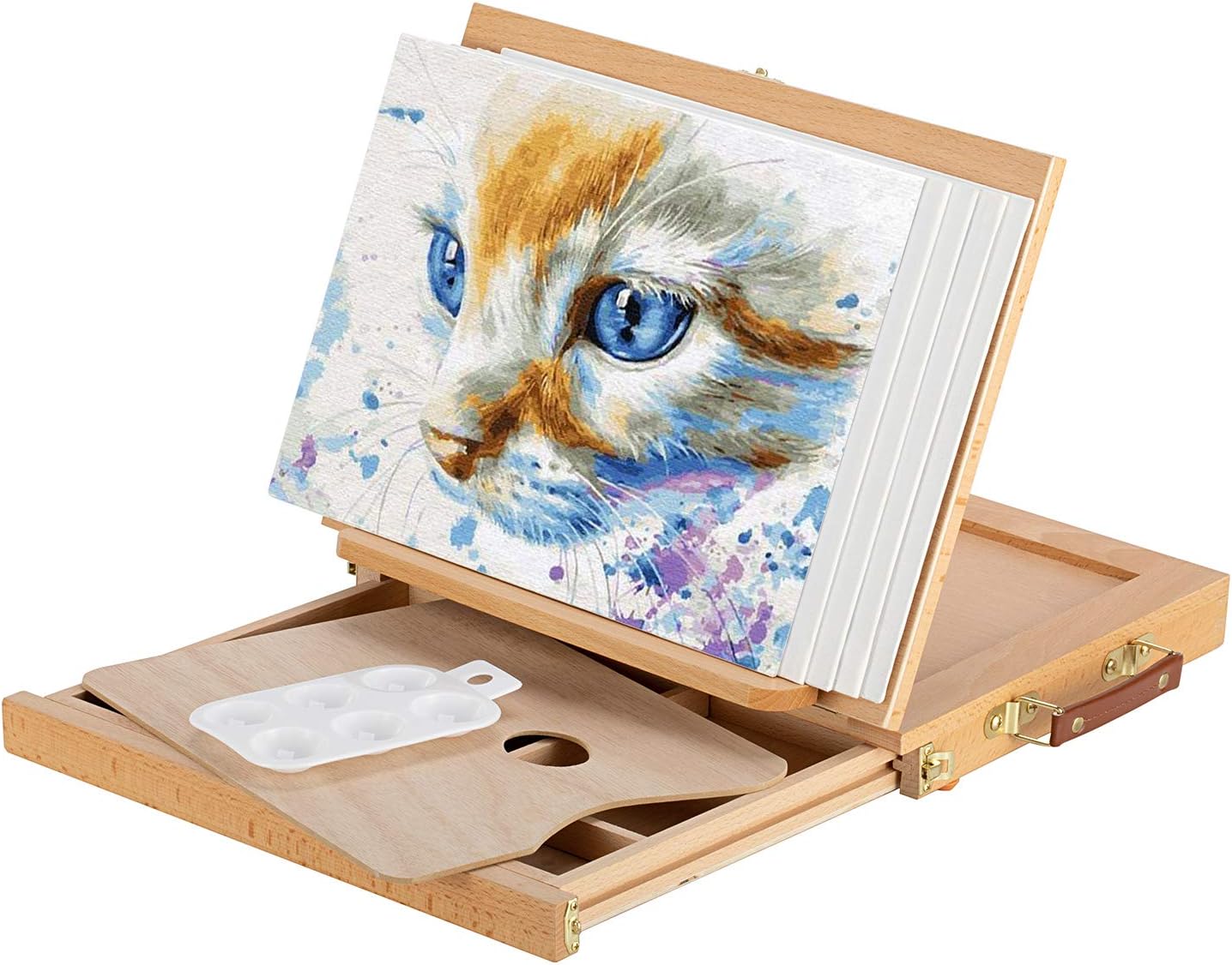 Magicfly Wooden Desktop Easel Table Box Easel A4 for Painting Drawing Adjustable in Solid Beechwood, Portable Artist Easel Top Board, 5 Blank Canvas Panel and 1 Plastic Paint Palette