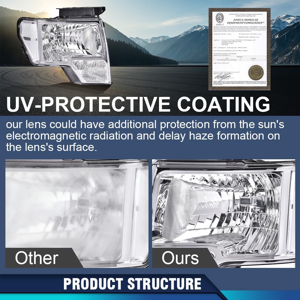 PIT66 Headlight Headlamp Assembly Compatible with Ford F150 2009 2010 2011 2012 2013 2014 faros delanteros (Clear Lens Chrome Housing Clear Reflector, Basic Style)