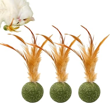 3PCS Cat Play Balls,Catnip Feather Ball,Interactive Catnip Balls with Feathers for Cleaning Teeth,Catnip Ball Cat Teeth Cleaning Chewing,Rotating Cat Ball Relax & Healthy Play for Kittens