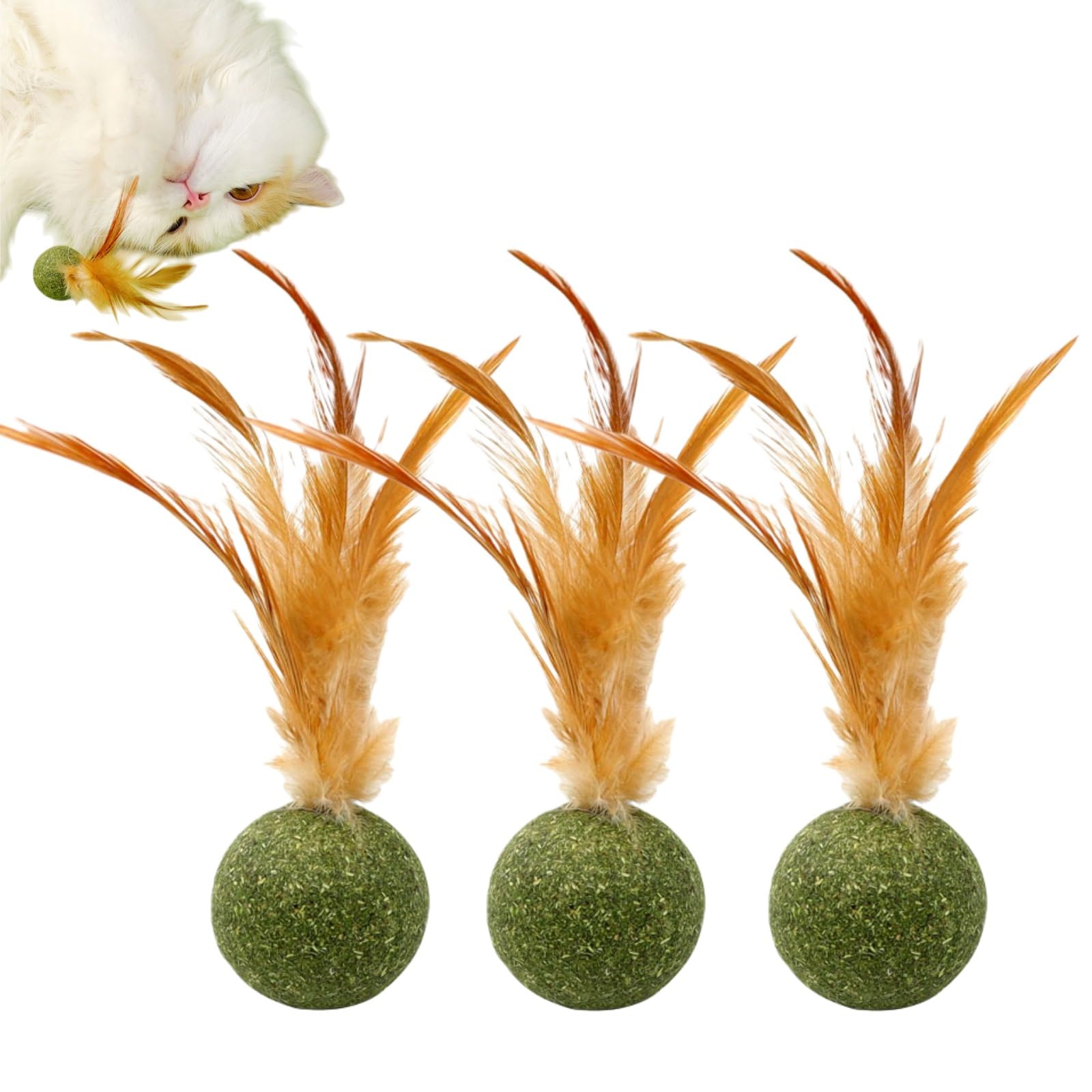 Nonyimu 3PCS Cat Play Balls,Catnip Feather Ball,Interactive Catnip Balls with Feathers for Cleaning Teeth,Catnip Ball Cat Teeth Cleaning Chewing,Rotating Cat Ball Relax & Healthy Play for Kittens