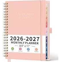 مخطط RETTACY الشهري 2026-2027، يناير 2026 - ديسمبر 2027، حجم كبير 8.5 بوصة x 11 بوصة، جدول الأعمال، التقويم، علامات تبويب 24 شهرًا، غطاء بلاستيكي مرن، ورق سميك 100 جرام في المتر المربع، وردي حلزوني