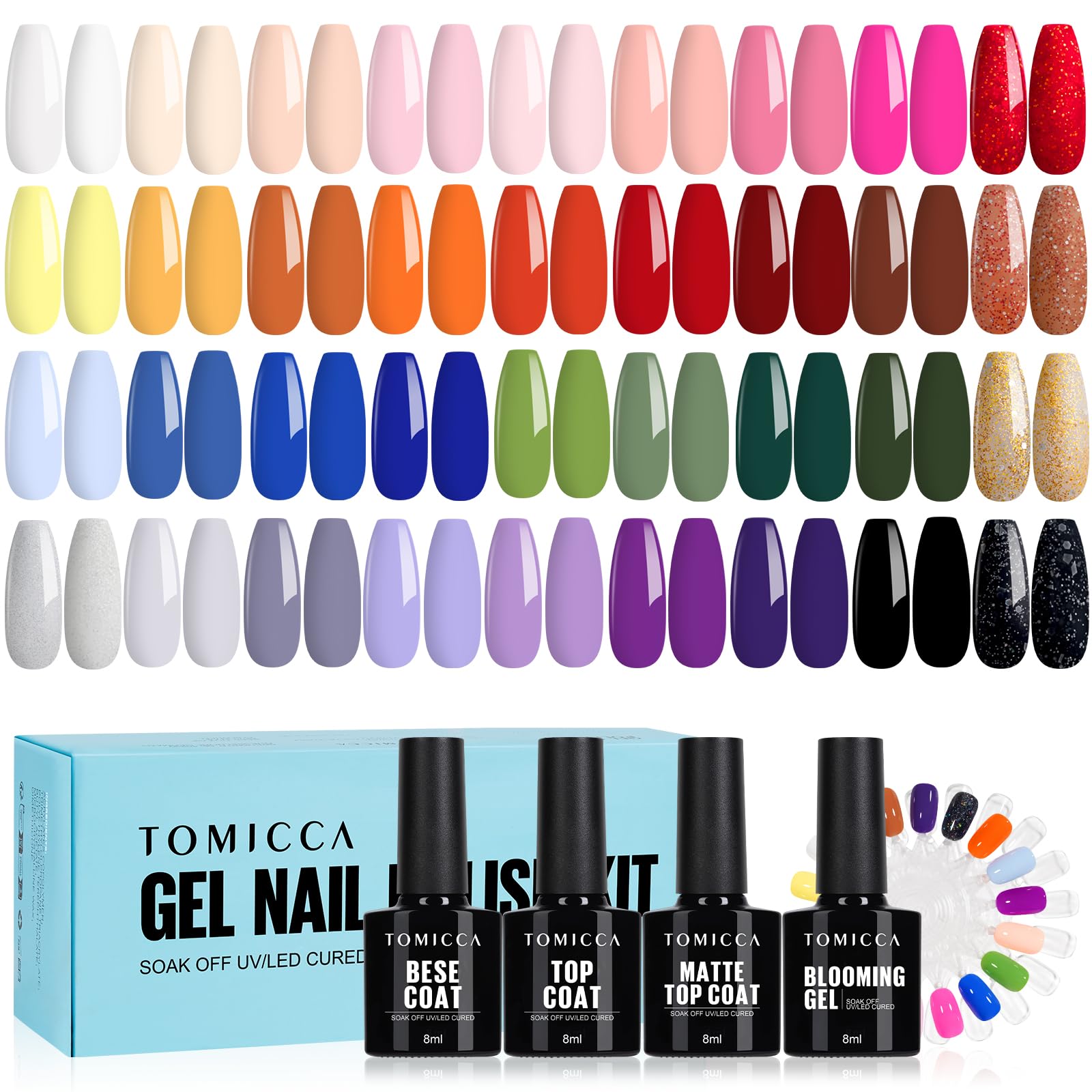 TOMICCA 40PCS Gel Nail Polish Set, 36PCS Gel Varnish & 4PCS Base Top Coat Set with Blooming Gel & Round Nail Display Nail Tip Exhibition, for Nail Studios and DIY Home Manicure Kit Set 02 - Dark Solid Series