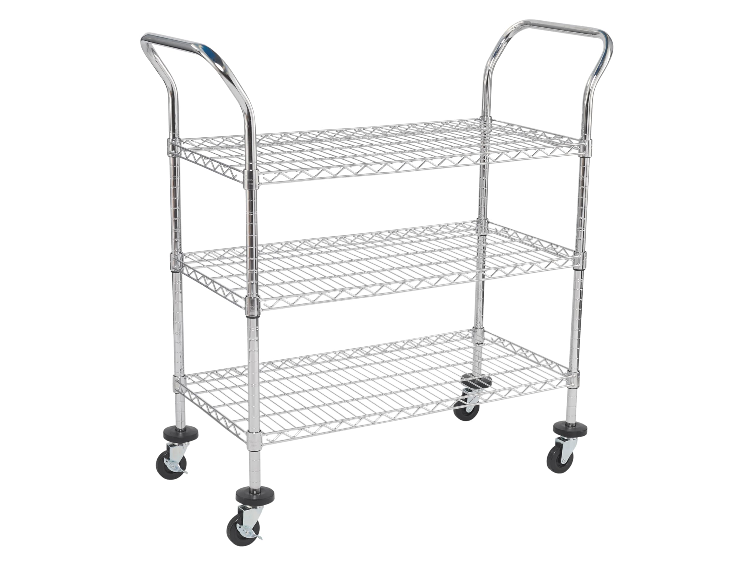 Chrome Wire Mesh Trolley, Steel 3 Tier Shelving Unit on Wheels with Handles & Height Adjustable Shelves